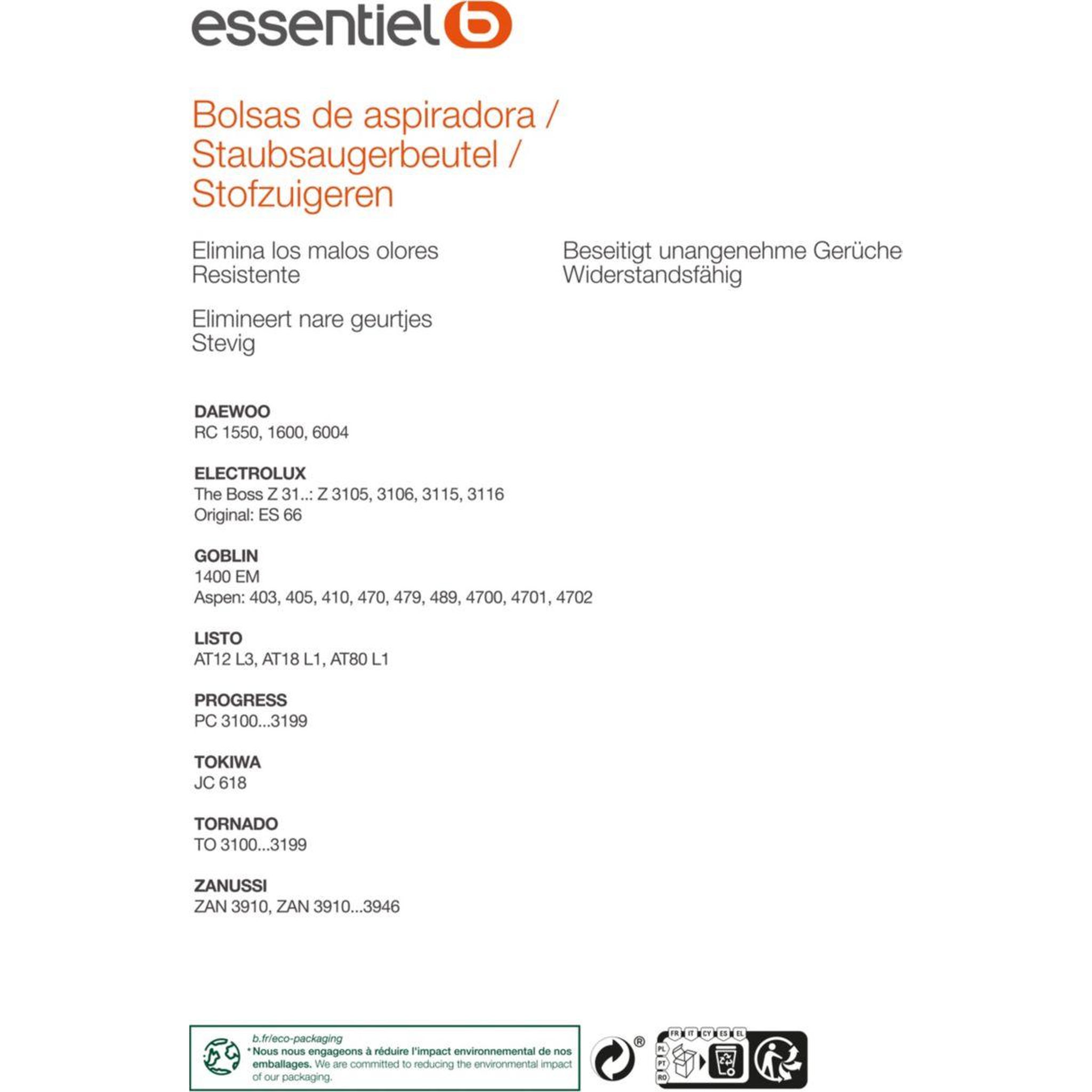 Voir la diapositive 2 : ESSENTIEL B Sac aspirateur eb1903
