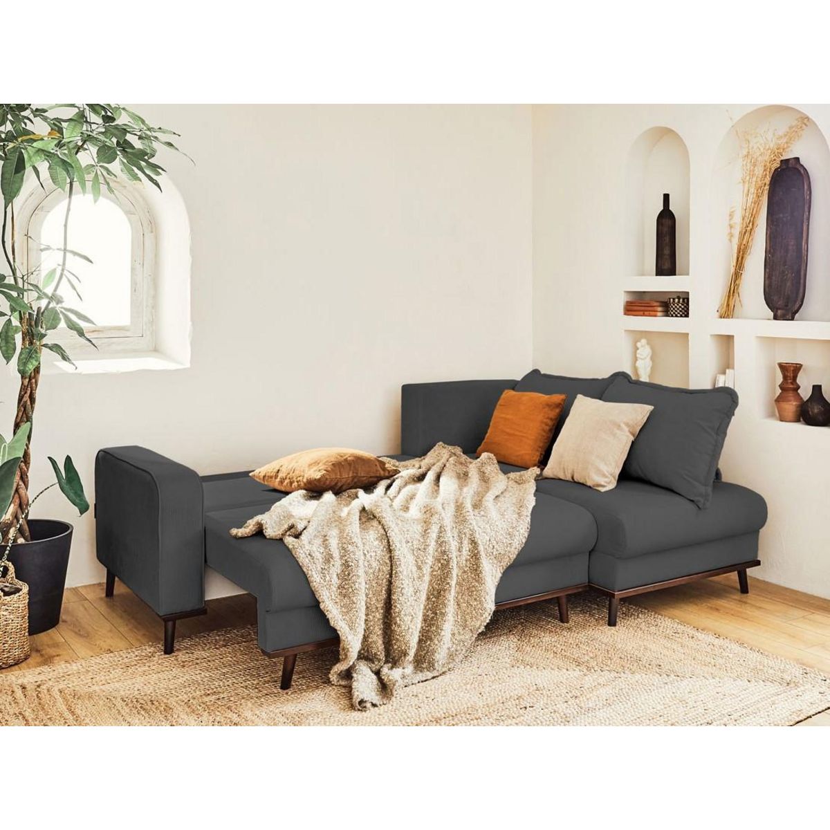 LISA DESIGN Albane - canapé d'angle droit - 4 places - convertible avec coffre - en velours côtelé