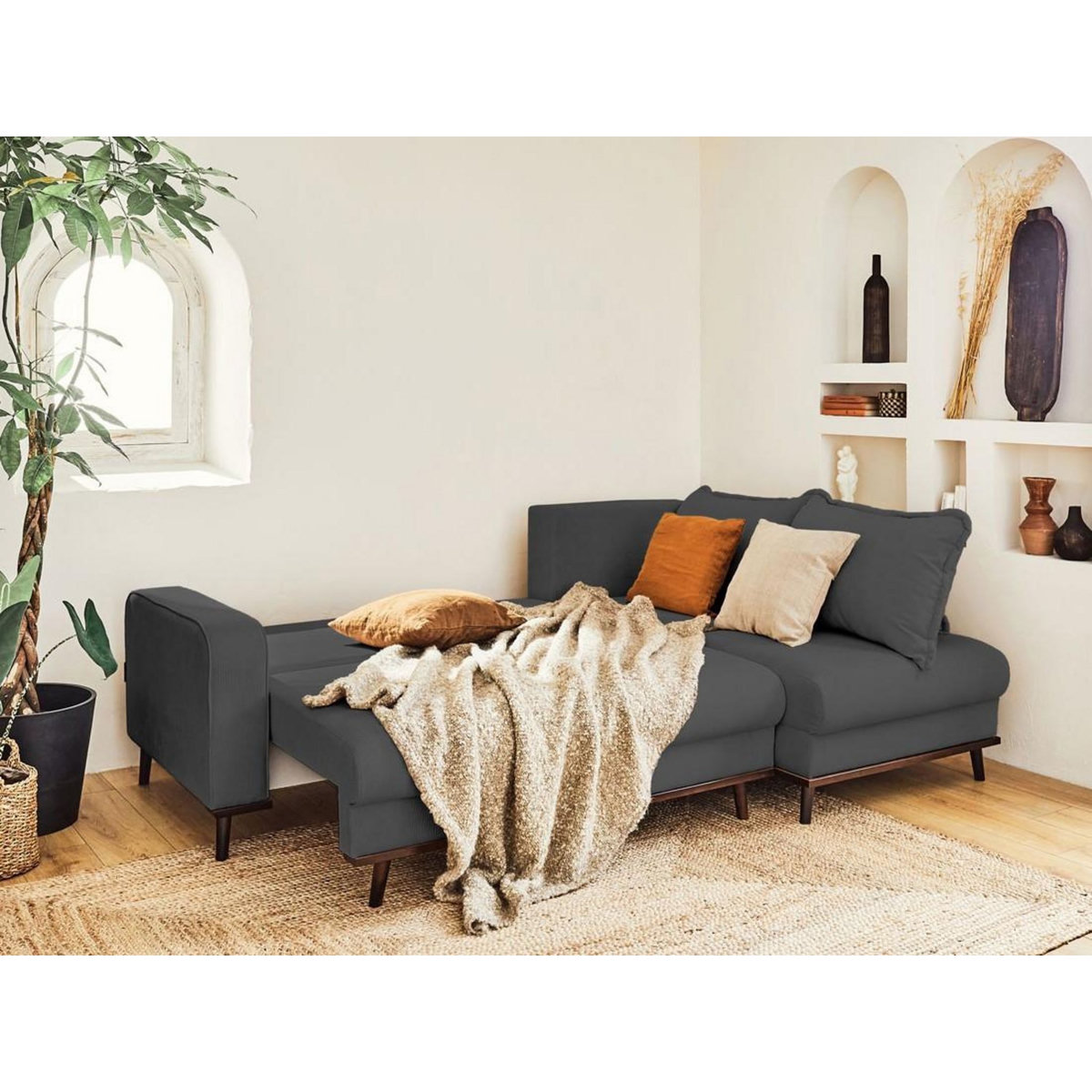 LISA DESIGN Albane - canapé d'angle droit - 4 places - convertible avec coffre - en velours côtelé