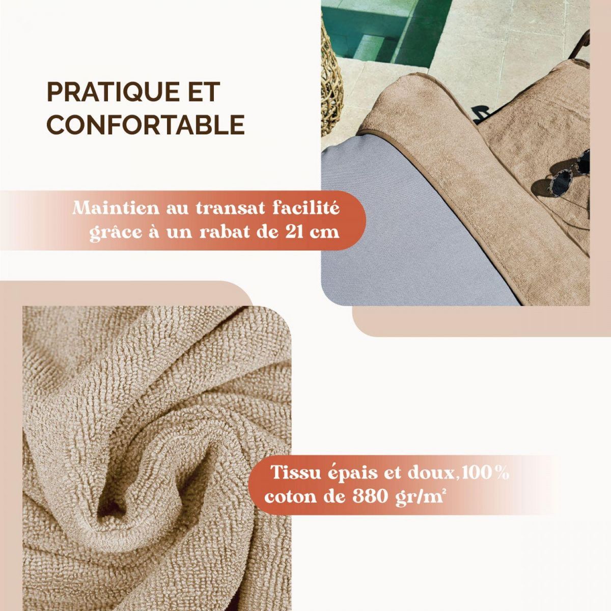 VIVEZEN Serviette de plage à rabat pour transat de bain, 100 % coton - 75 x 200 cm