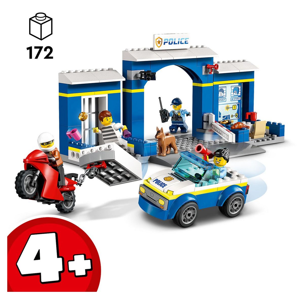 LEGO City 60370 La course poursuite au poste de police, Voiture Jouet et Moto, Prison, 4 Minifigurines et Figurine de Chien, Évasion Prison