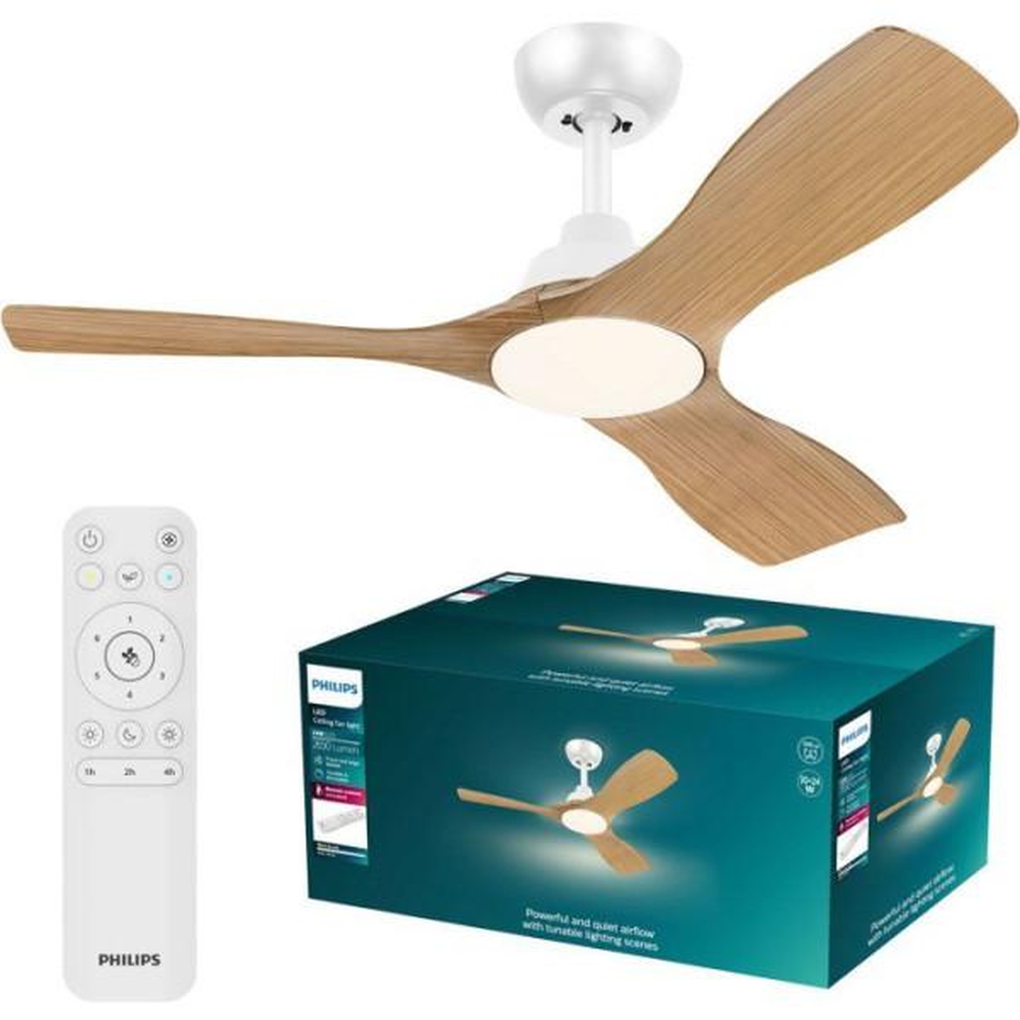 Philips Ventilateur de Plafond - Plafonnier  - Philips - Olas - Pales fixes - Diametre 106 cm - Blanc/Bois - LED intégrée + télécommande