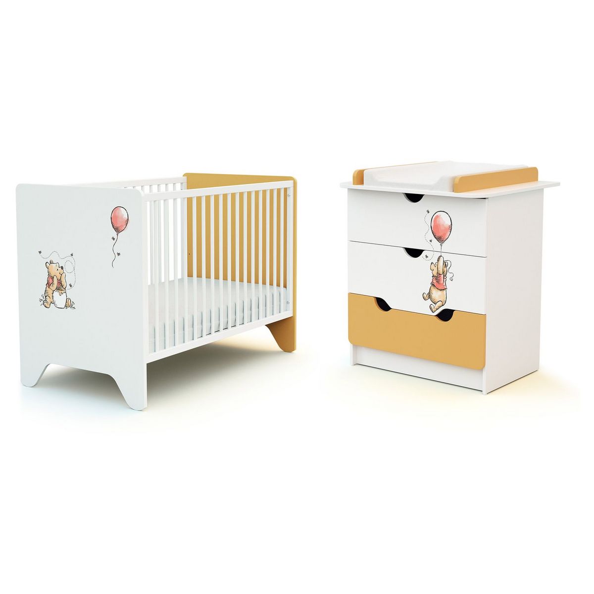 AT4 Ensemble lit bébé 60x120 cm et commode à langer 3 tiroirs WINNIE BALLON DISNEY Jaune