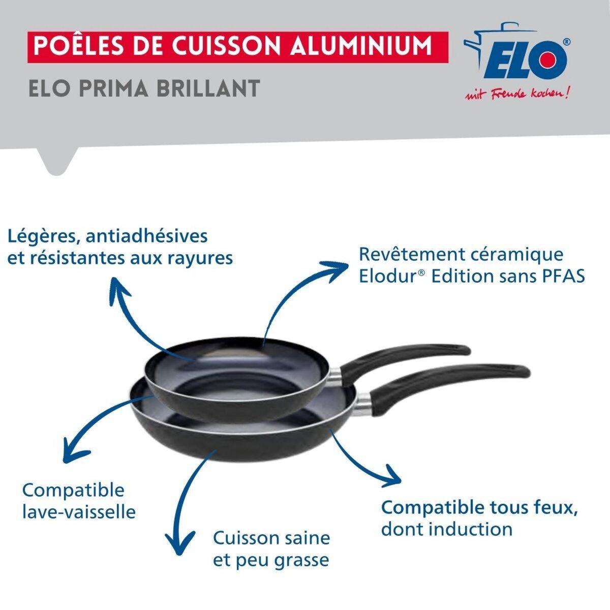 ELO Ensemble de 2 Poêles de cuisson 24 et 28 cm et 4 faitouts 12, 14, 16 et 24 cm Elo Prima Brillant