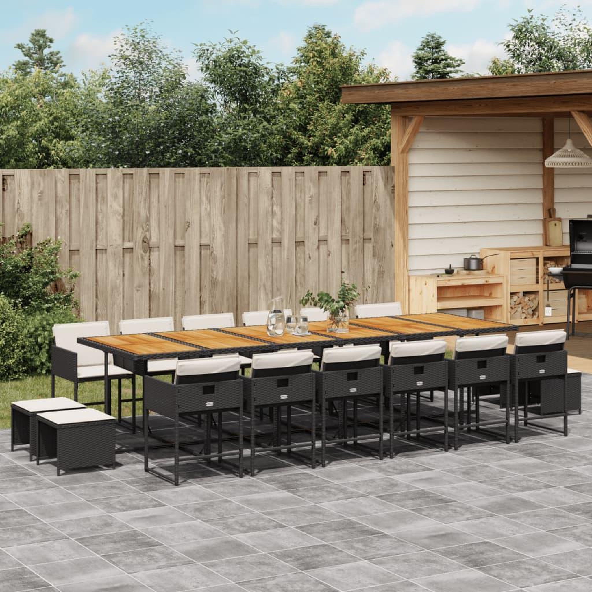 VIDAXL Ensemble a manger de jardin 17 pcs coussins noir resine tressee