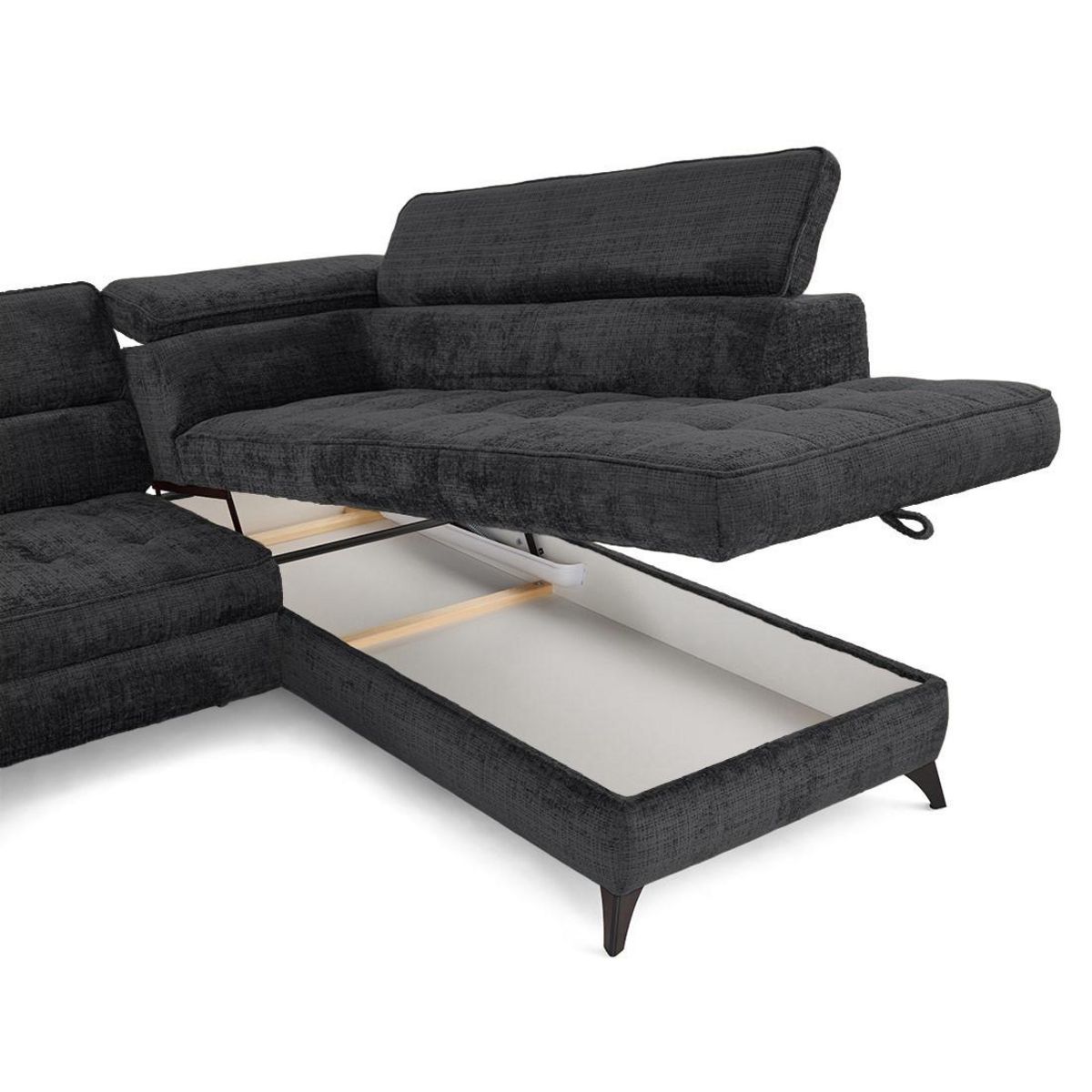 LISA DESIGN Marlo - canapé d'angle droit 5 places convertible avec coffre et têtières en velours texturé