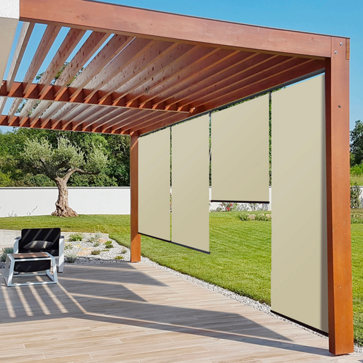 ID MARKET Lot de 3 stores enrouleurs L.124 x H. 225 CM pour pergola écru