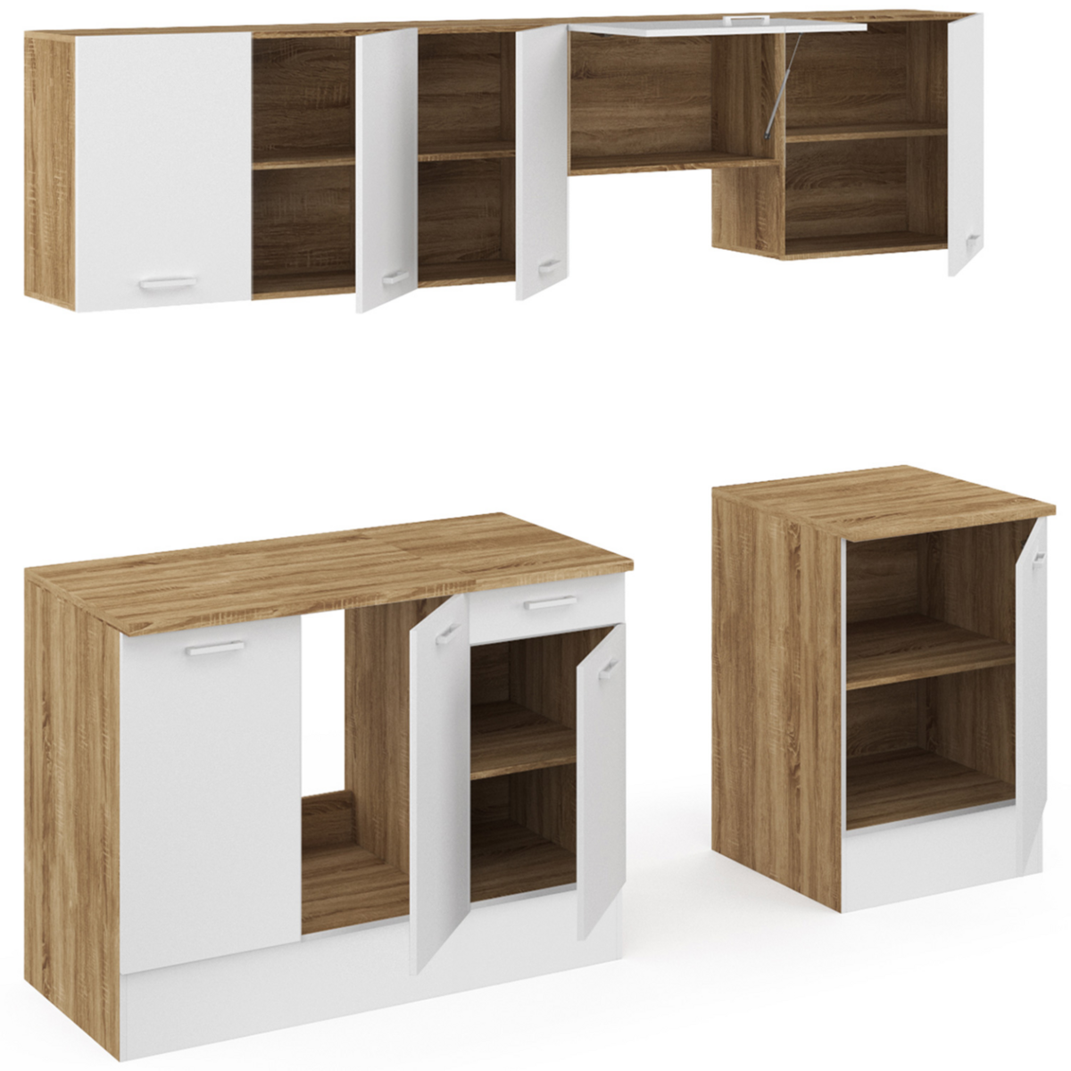 ID MARKET Cuisine complète 240 cm SUBTIL avec plan de travail 7 éléments bois et blanc