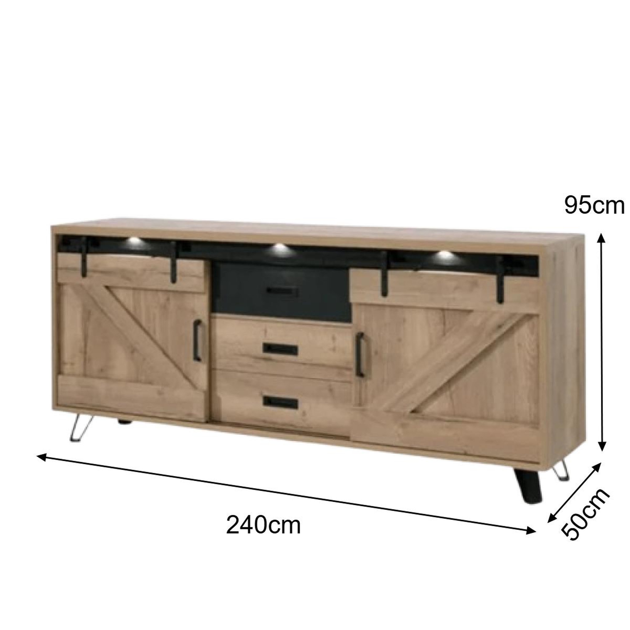Voir la diapositive 4 : JLC KREATION Buffet industriel décor chêne clair 3 portes avec LED COSTA