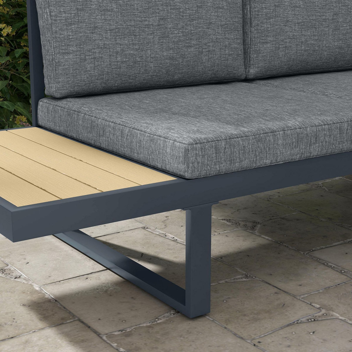 OUTSUNNY Salon de jardin d'angle 5 places avec table basse coussins alu gris aspect bois