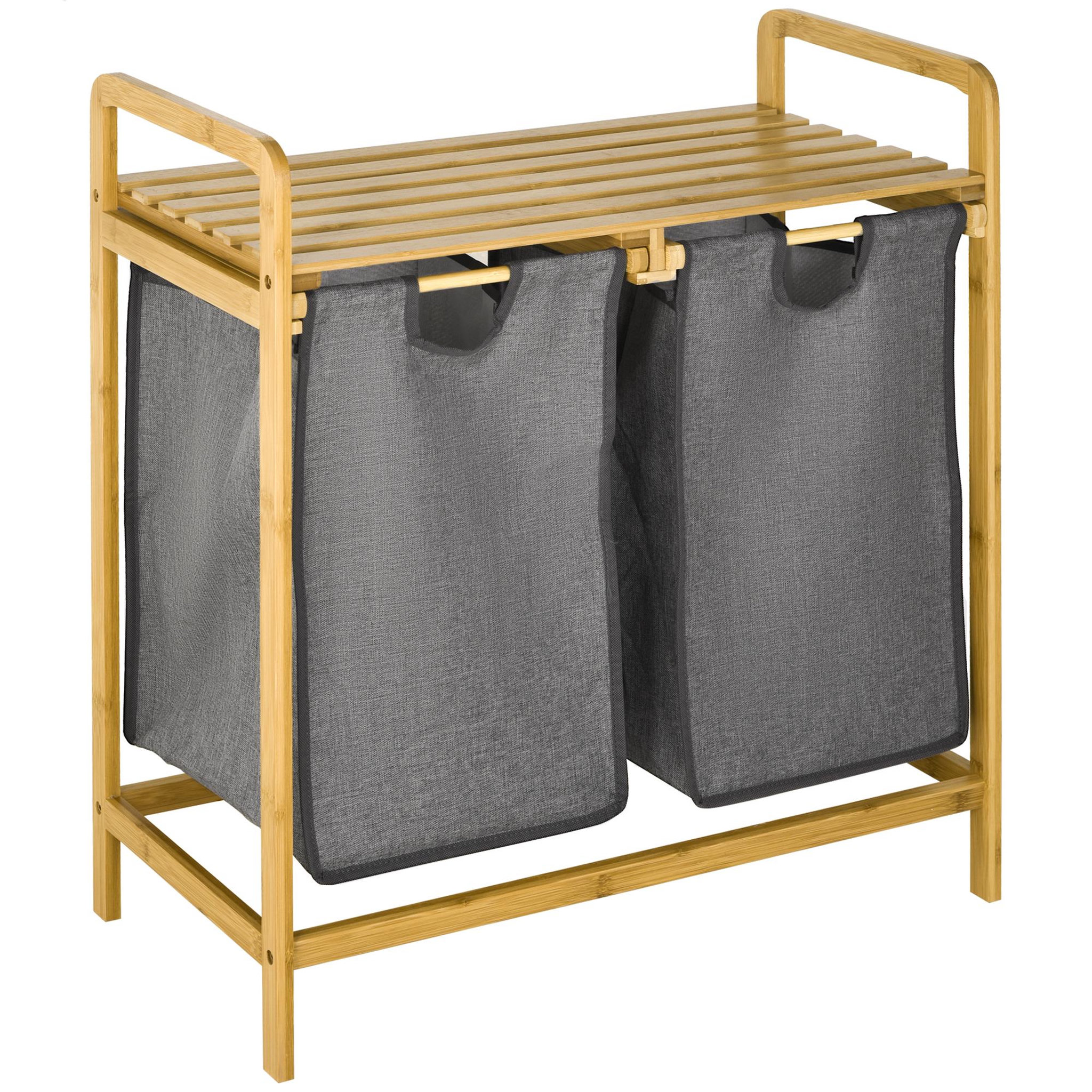 HOMCOM Panier à linge corbeille à linge en bambou 2 paniers amovibles non-tissé gris foncé