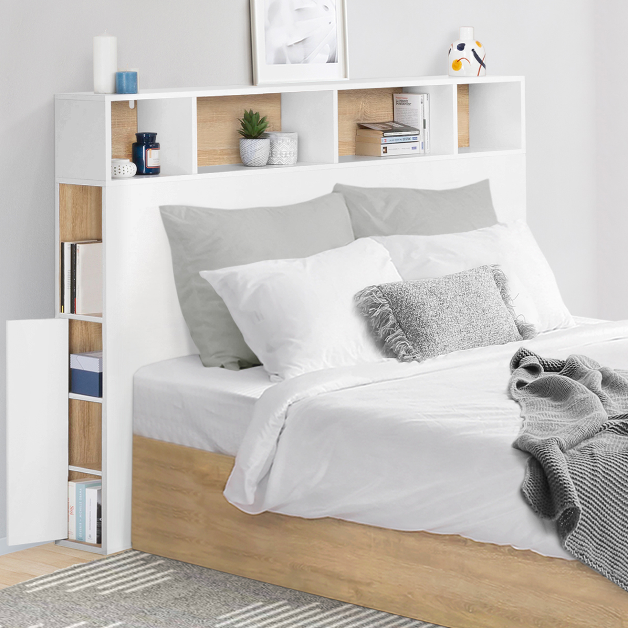 Voir la diapositive 2 : ID MARKET Tête de lit sur pied cleo 165 cm avec rangements fermés et niches blanc et façon hêtre