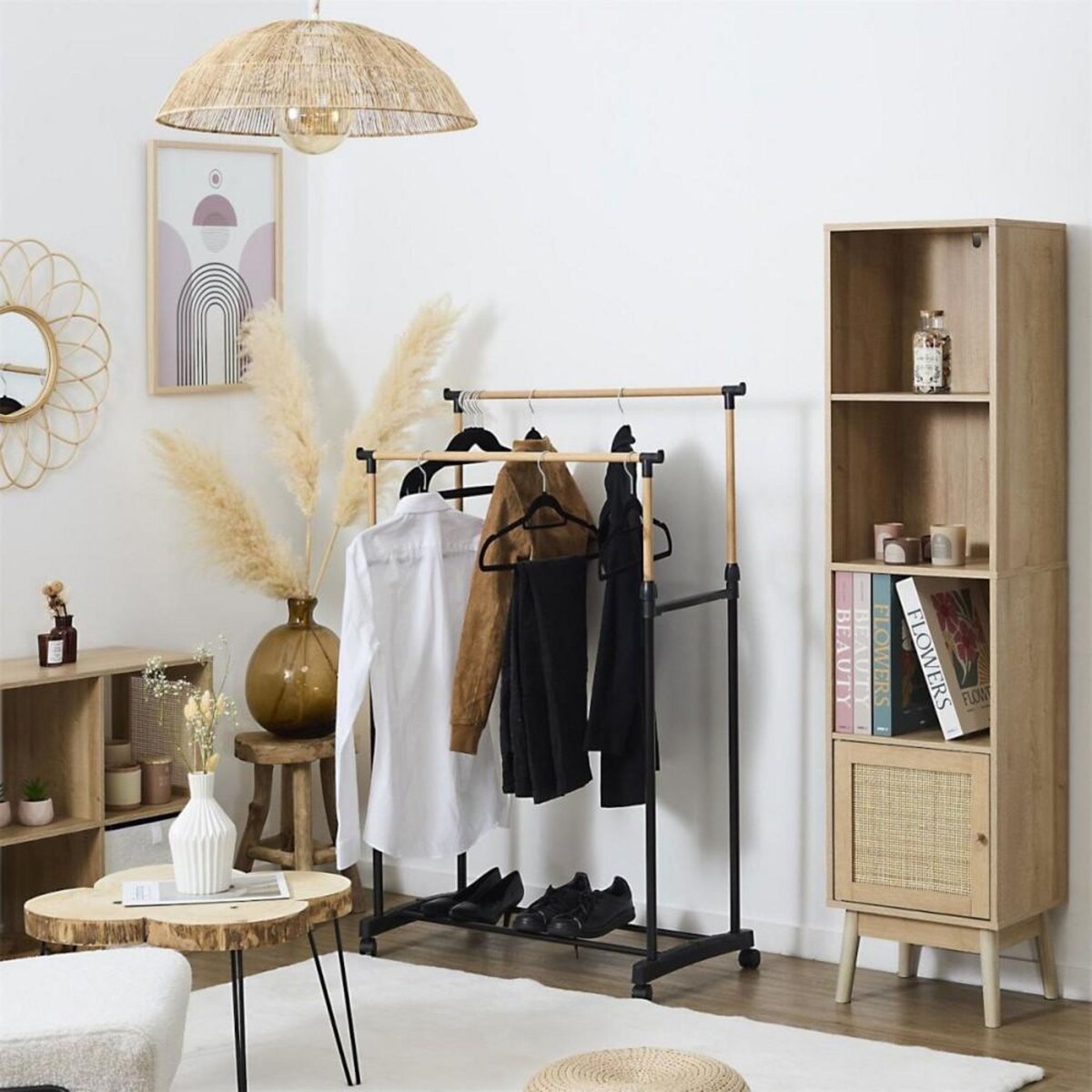 The Home Deco Factory Portant double à roulettes effet bois