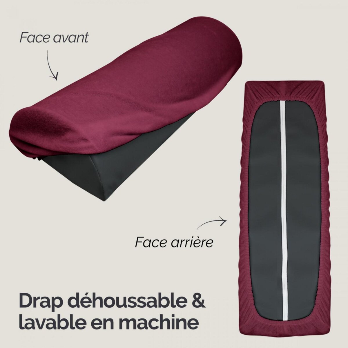 VIVEZEN Drap housse de protection en éponge pour coussin demi-rond 66 cm x 22 cm x 12 cm de table de massage - Prune