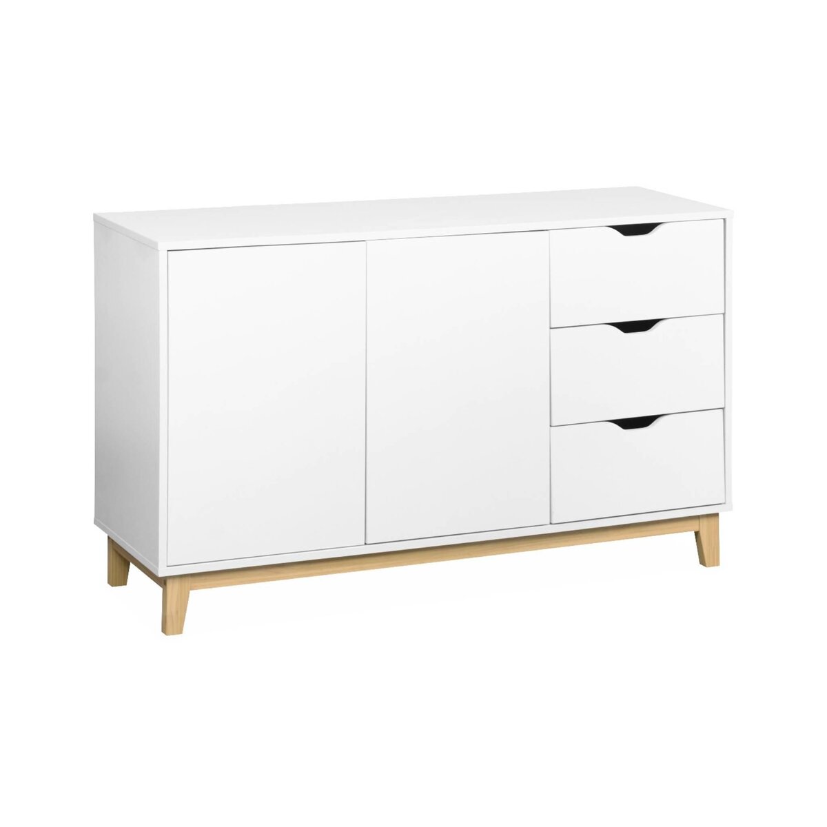 SWEEEK Buffet de rangement blanc. pieds bois - Floki - avec 3 tiroirs. buffet 2 portes. buffet bas. 120x40x75 cm