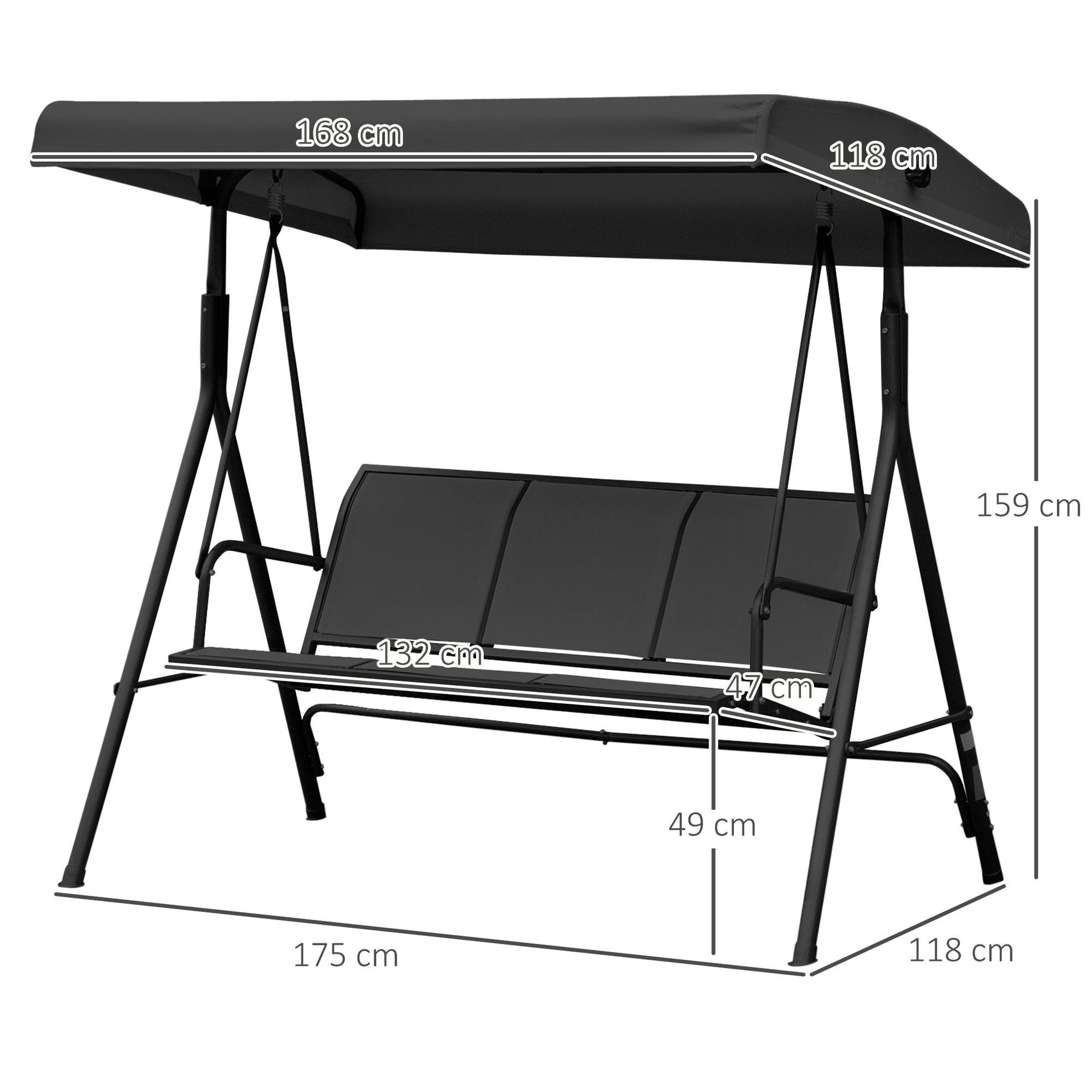 Voir la diapositive 3 : OUTSUNNY Balancelle de jardin 3 places grand confort toit inclinaison réglable assise et dossier ergonomique acier époxy textilène noir