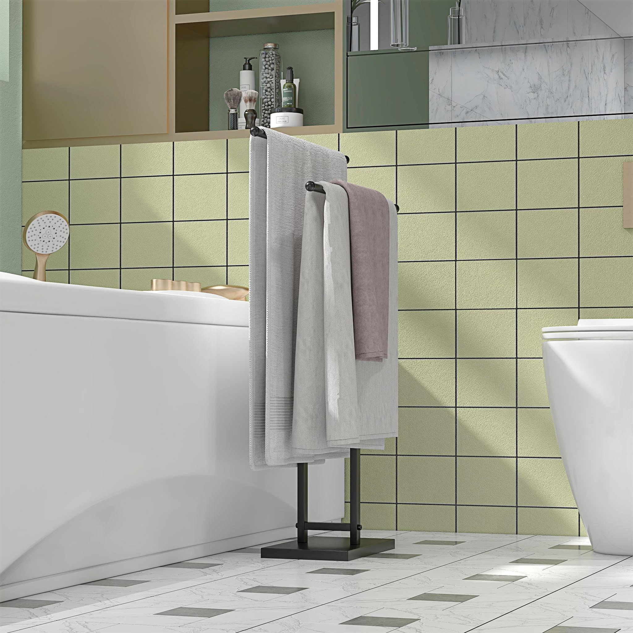 Voir la diapositive 2 : HOMCOM Porte-serviettes sur pied 2 niveaux dim. 50l x 18l x 85h cm métal noir