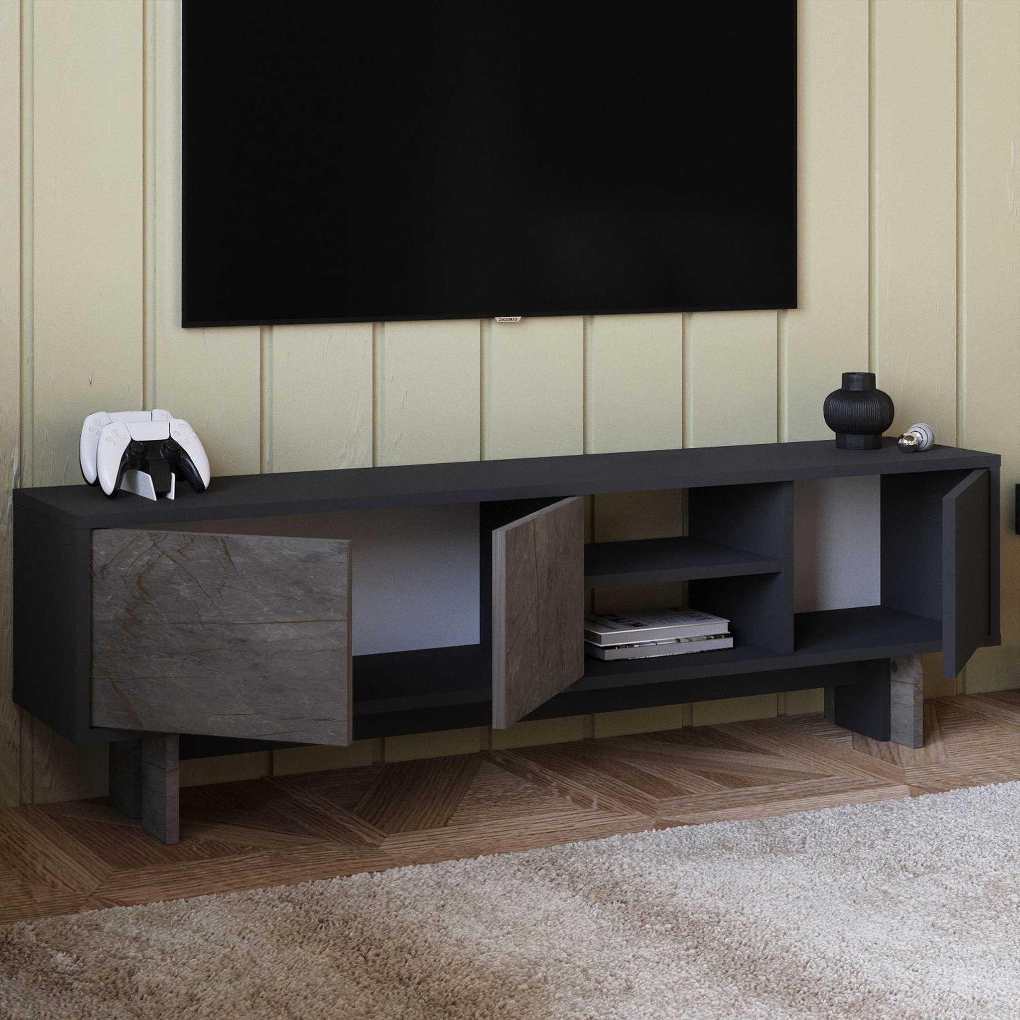Voir la diapositive 4 : Habitat et Jardin Meuble tv en bois  ravello  - 150 x 30 x 45 cm - gris anthracite