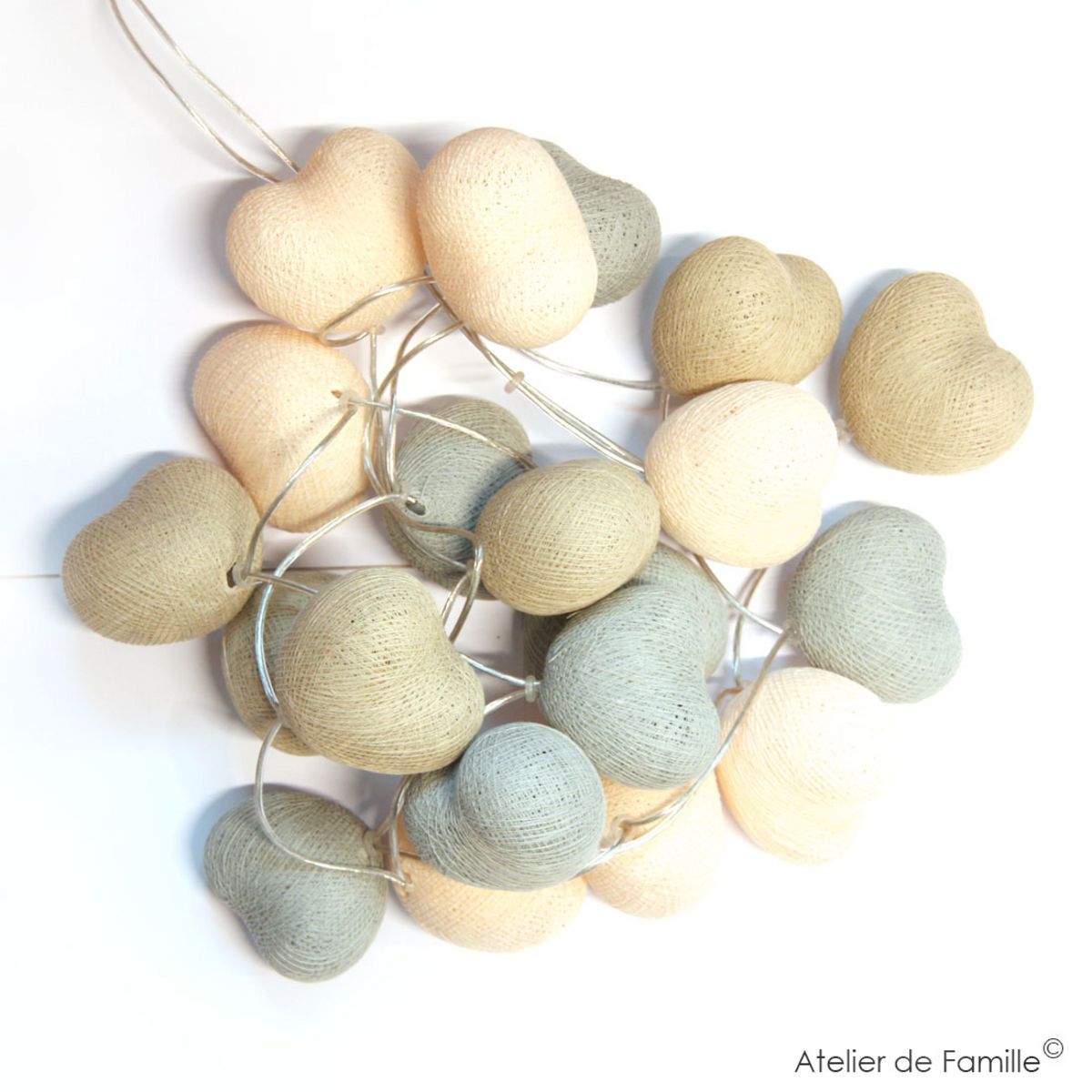 Guirlande lumineuse 20 coeurs gris et lin