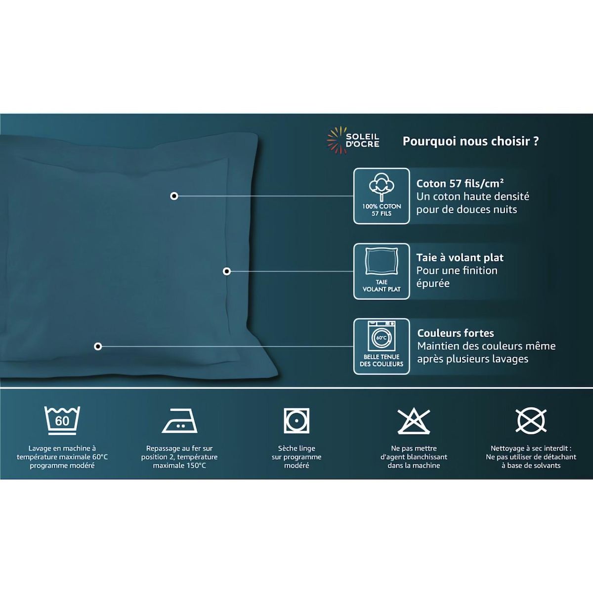 SOLEIL D'OCRE Taie d'oreiller en coton 57 fils UNI, par Soleil d'ocre