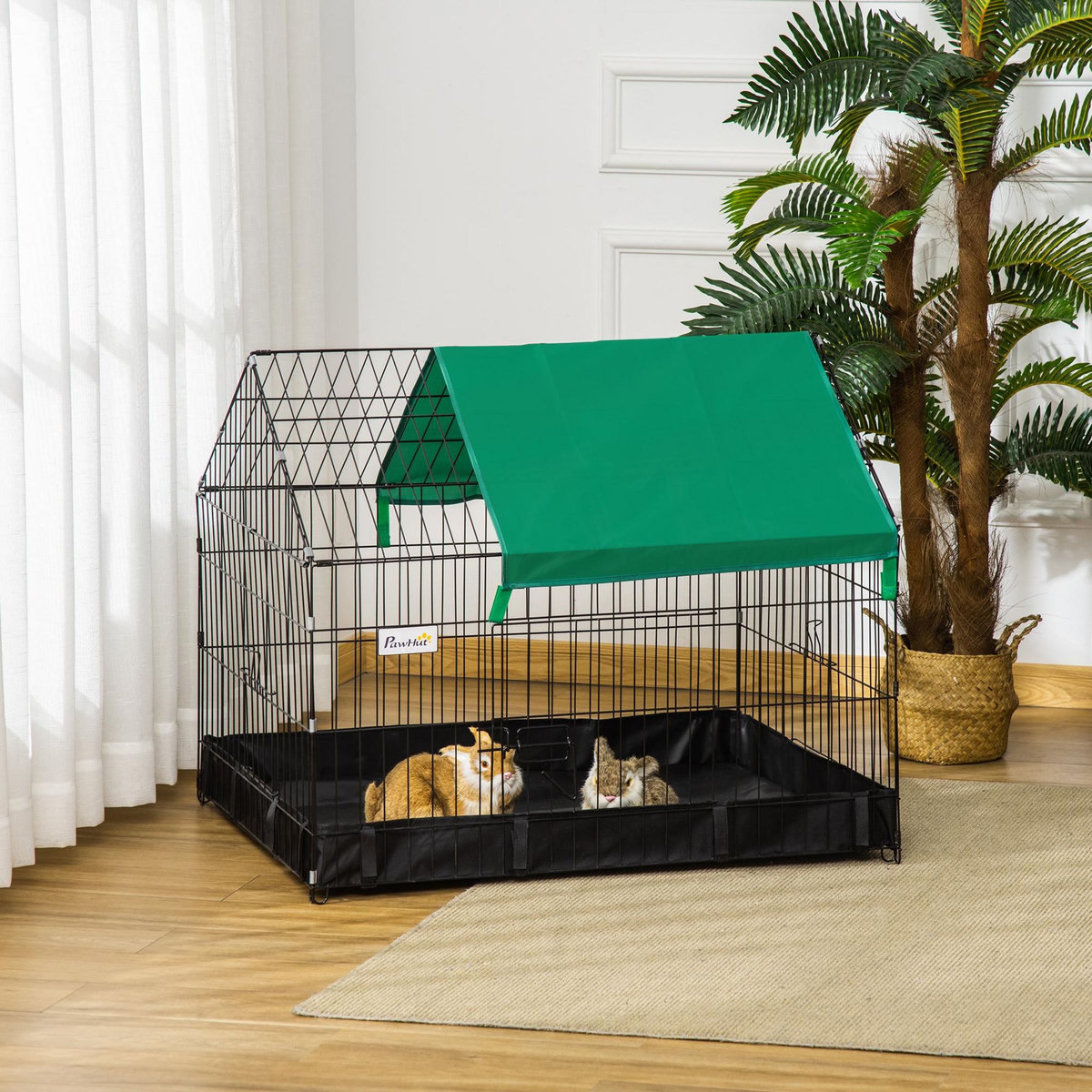 PAWHUT Cage parc enclos rongeurs dim. 90L x 75l x 75H cm - bâche de sol/toit imperméable, porte, trappe - acier oxford noir vert