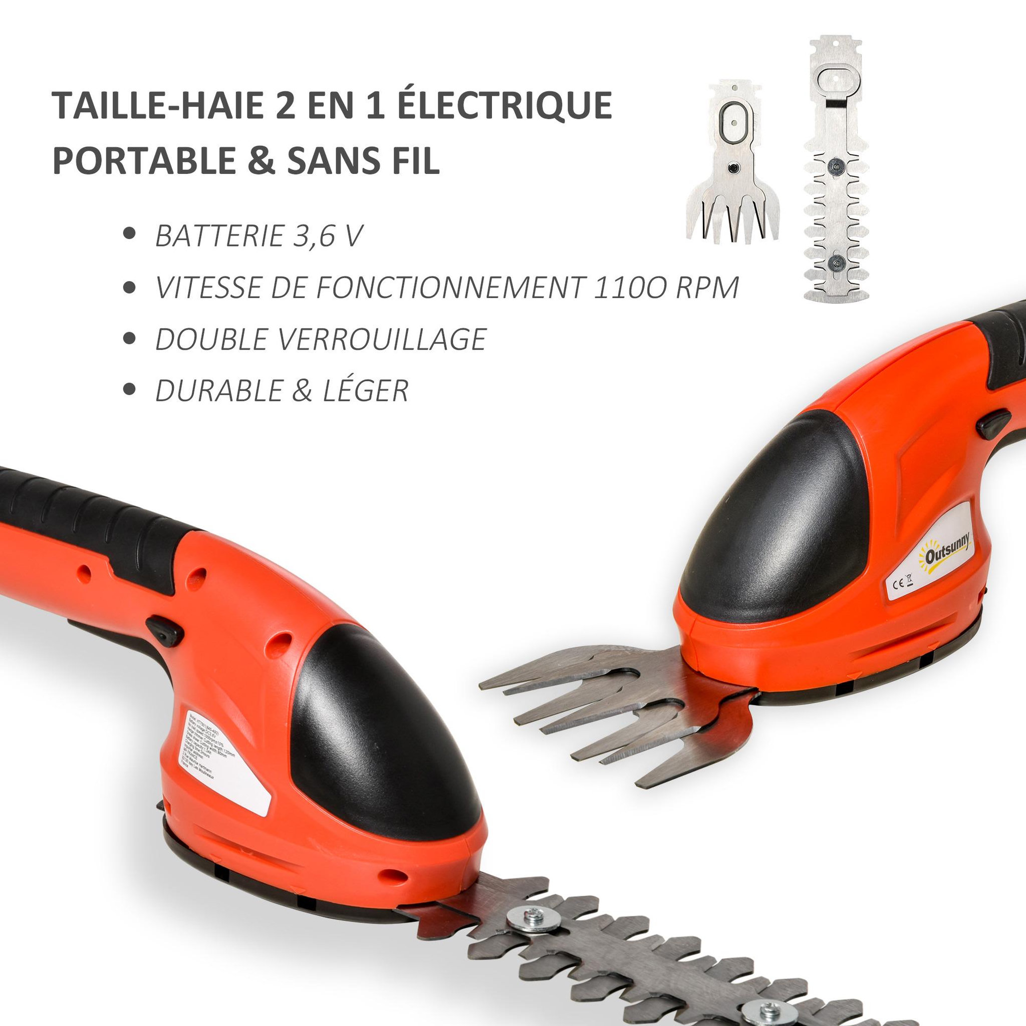 Voir la diapositive 4 : OUTSUNNY Outsunny Taille haie - mini taille haie portable avec batterie rechargeable - clé de sécurité, 2 lames - vitesse à vide 1100 tr/min - acier ABS rouge noir