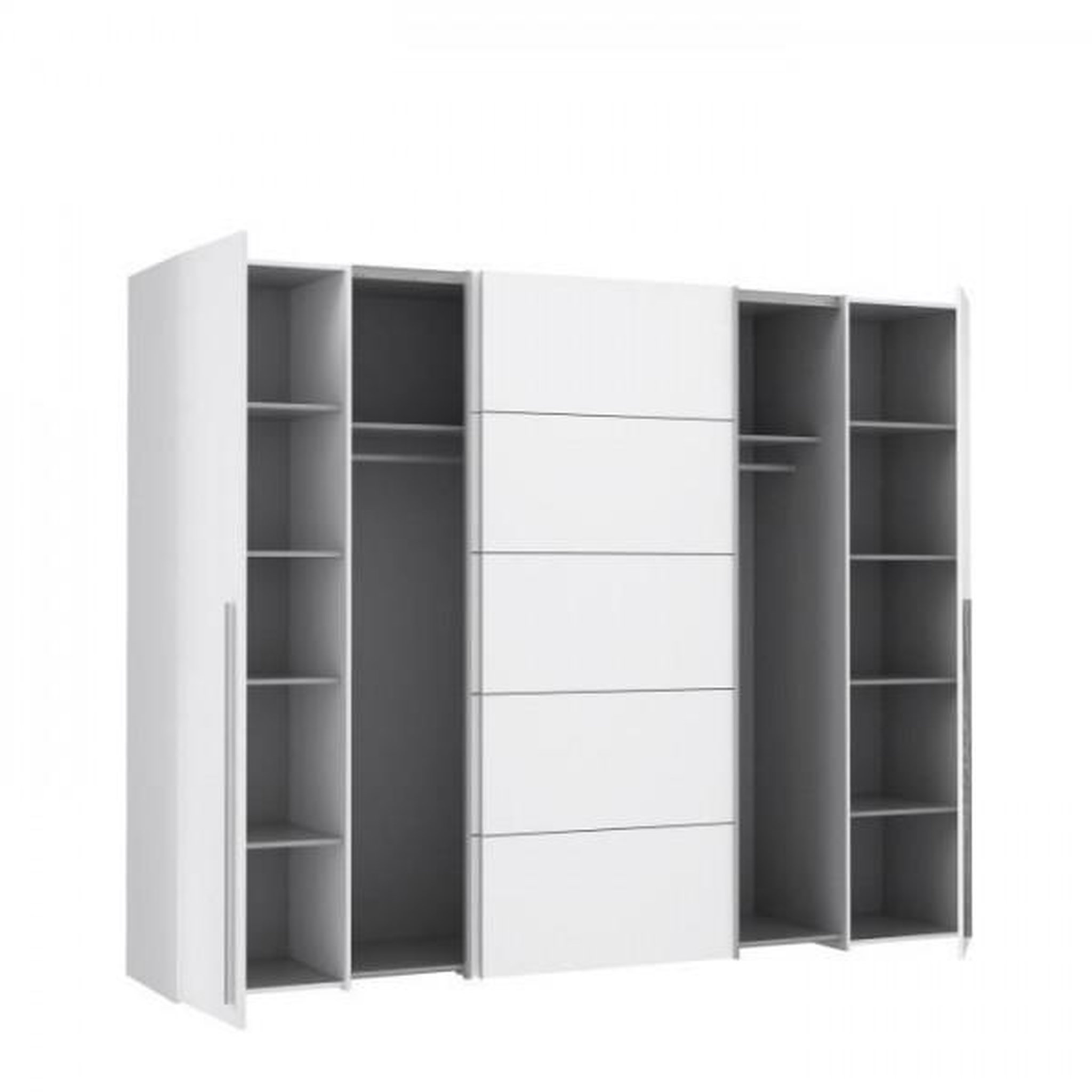 Voir la diapositive 4 : MARKET24 Armoire - Blanc mat - 2 portes battantes + 2 portes coulissantes - L 270,3 x P 61,2 x H 210 cm - NARAGO