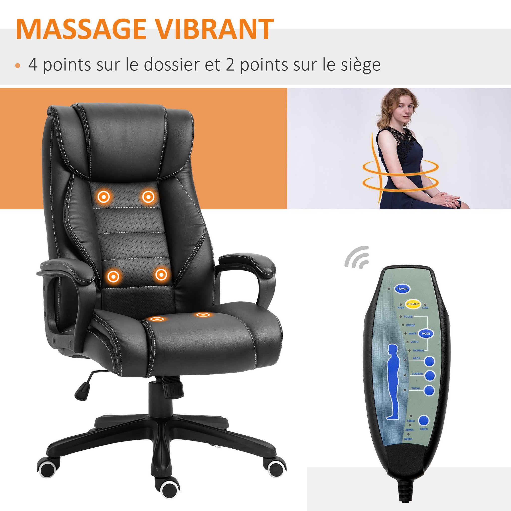 Voir la diapositive 4 : VINSETTO Fauteuil de bureau direction massant grand confort hauteur réglable fonction dossier à bascule revêtement synthétique noir
