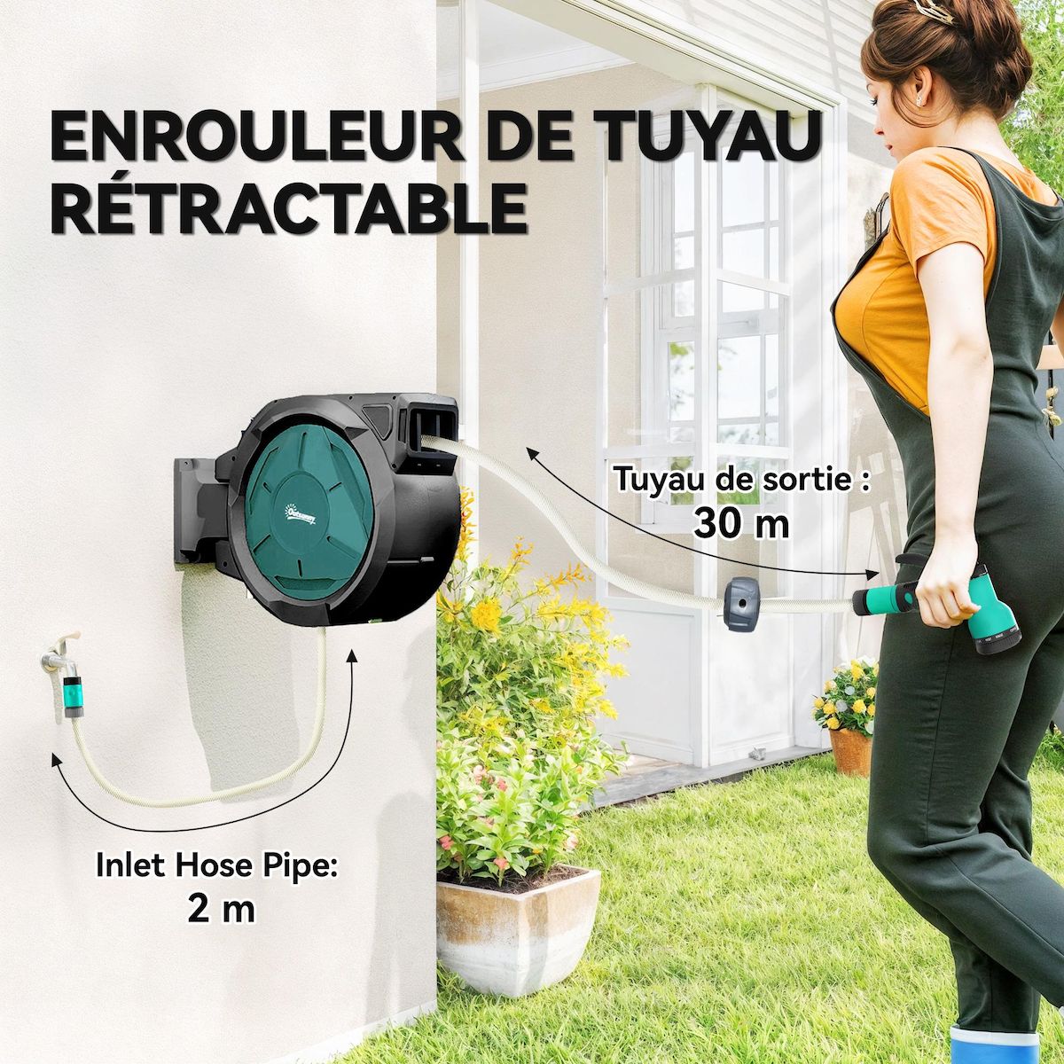 OUTSUNNY Dévidoir mural enrouleur automatique pivotant 180° tuyau 25+2m avec pistolet arrosage support mural intégré vert noir