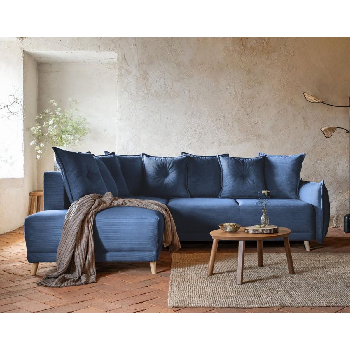 BEST MOBILIER Lena - canapé d'angle gauche 5 places - convertible avec coffre - en velours côtelé