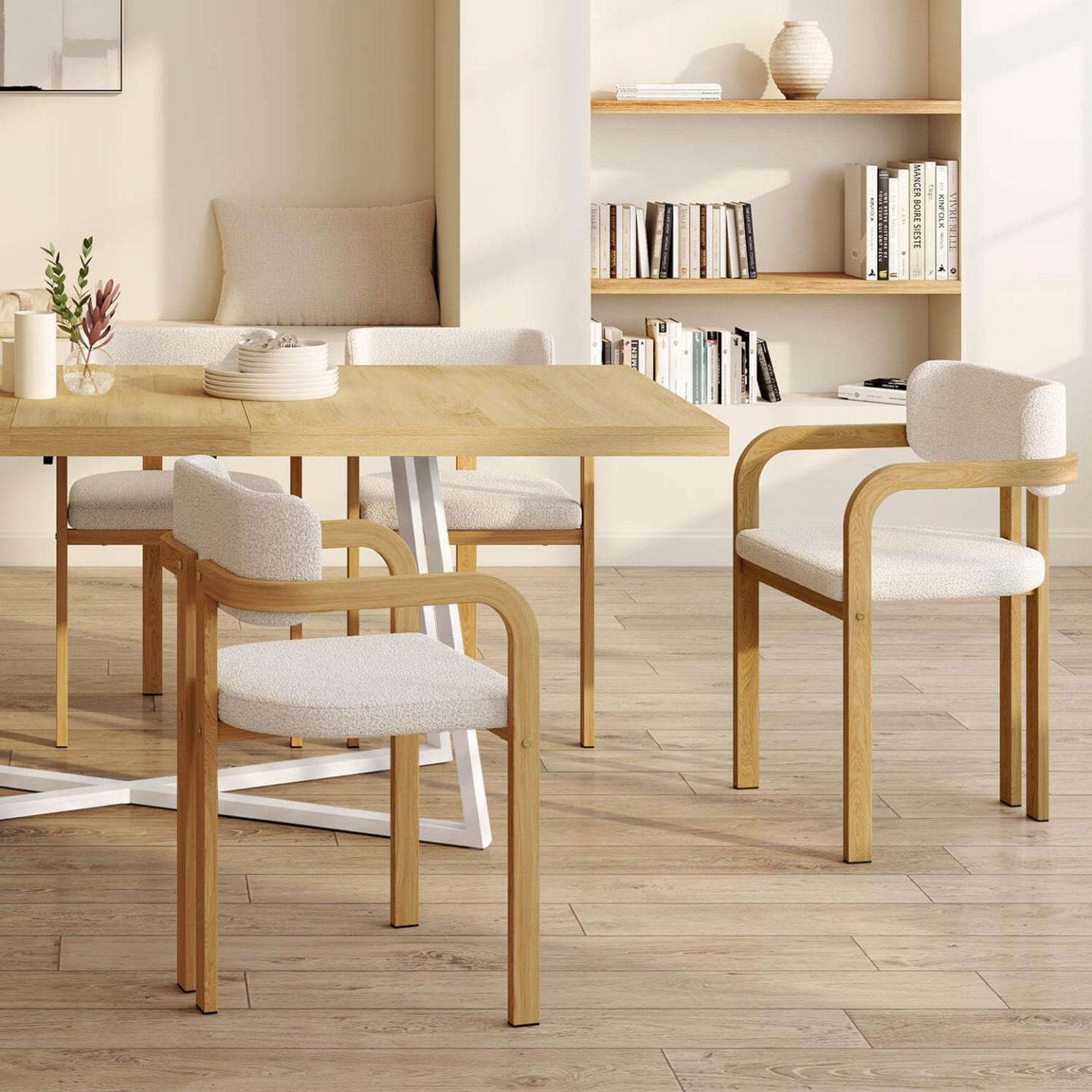 Voir la diapositive 2 : ID MARKET Lot de 4 chaises de salle à manger, fauteuils de table esma en métal effet bois et tissu bouclette avec accoudoirs