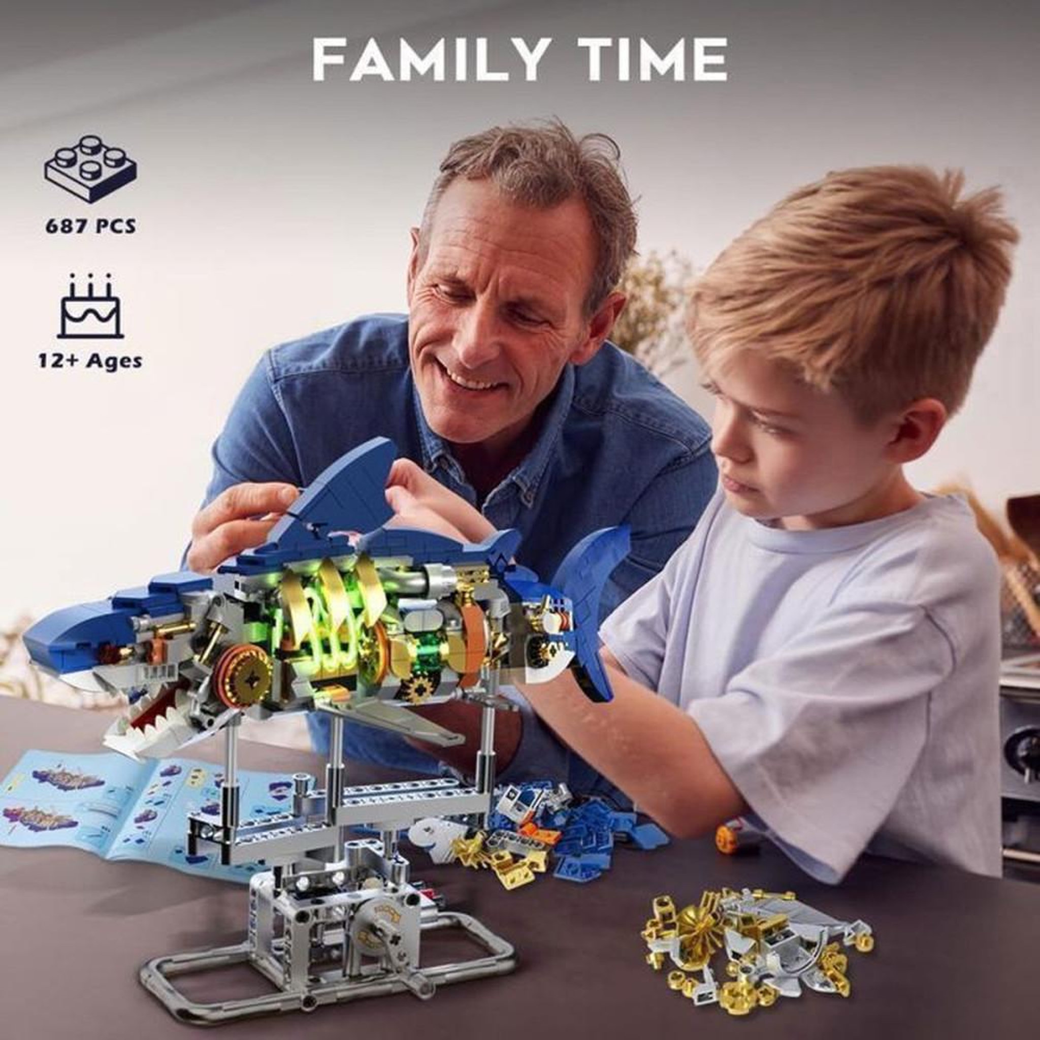 Voir la diapositive 3 : Coffret de construction requin mécanique 687 pièces ABS avec éclairage LED vert et mécanisme d'engrenage animé