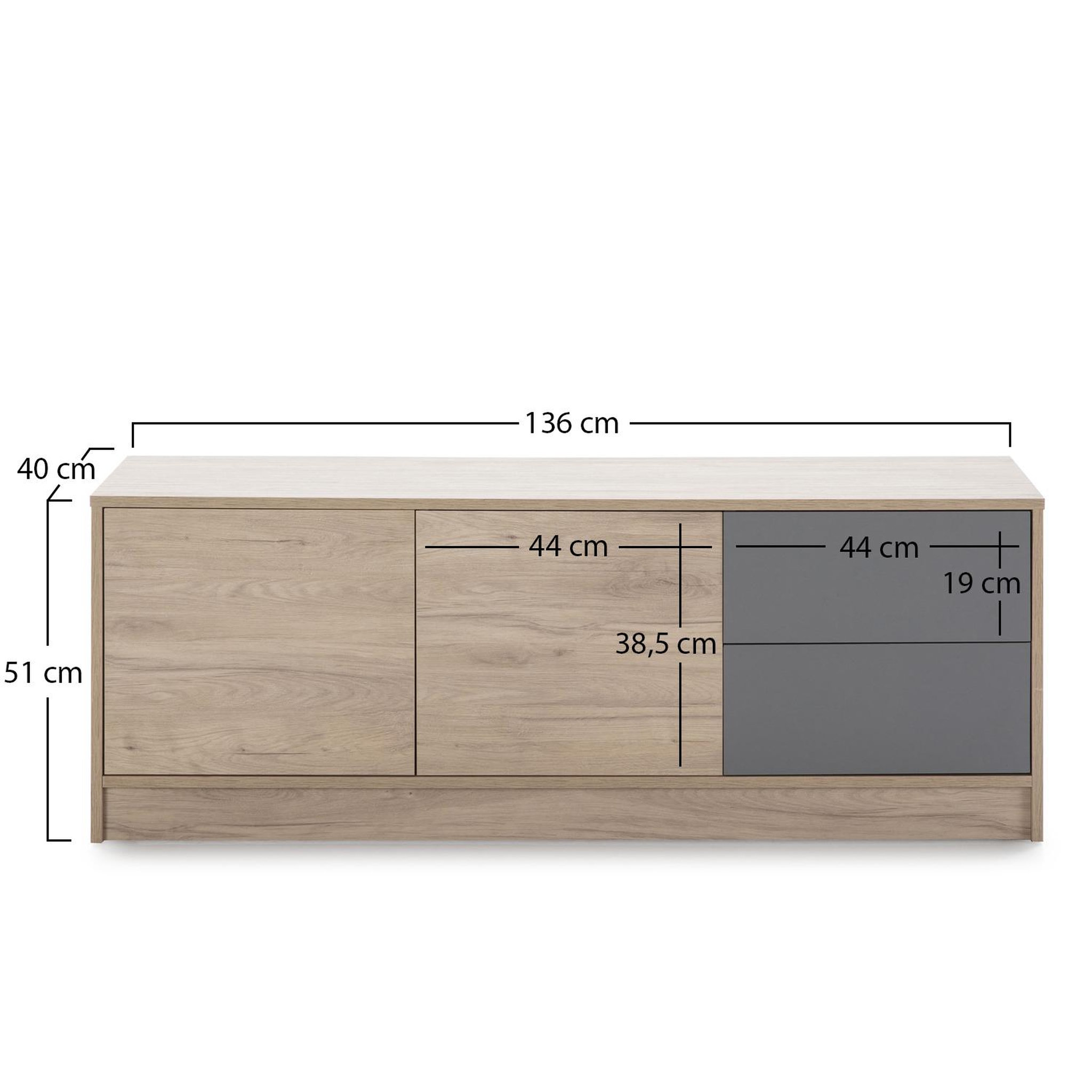 Voir la diapositive 3 : VS VENTA-STOCK Meuble TV Panama 2 tiroirs, 2 Portes, Couleur Bois et Gris, 136 cm (Largeur)