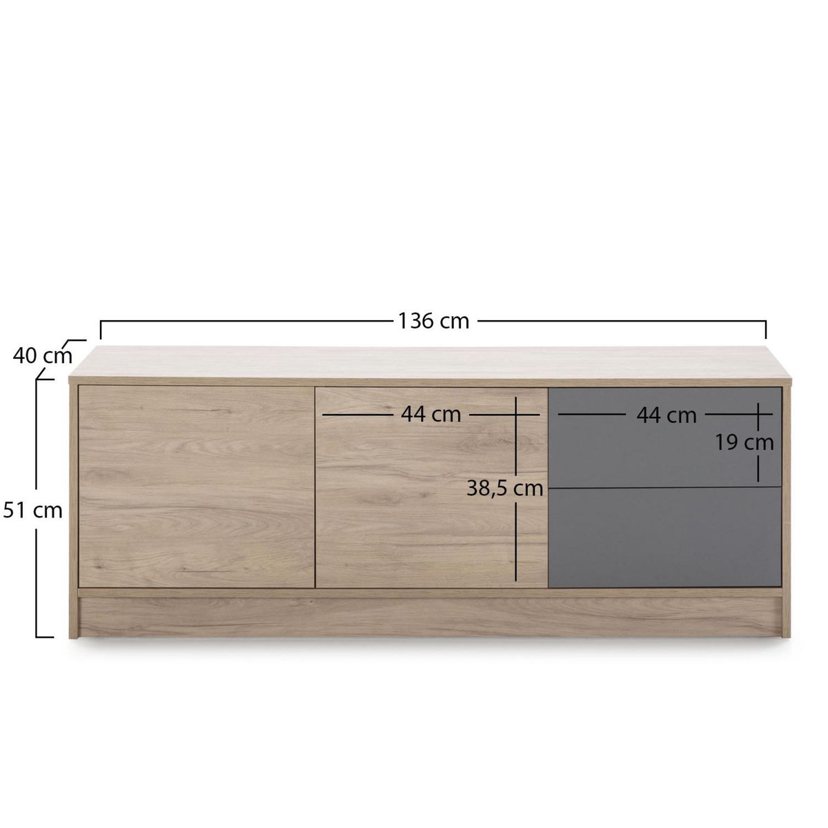 VS VENTA-STOCK Meuble TV Panama 2 tiroirs, 2 Portes, Couleur Bois et Gris, 136 cm (Largeur)