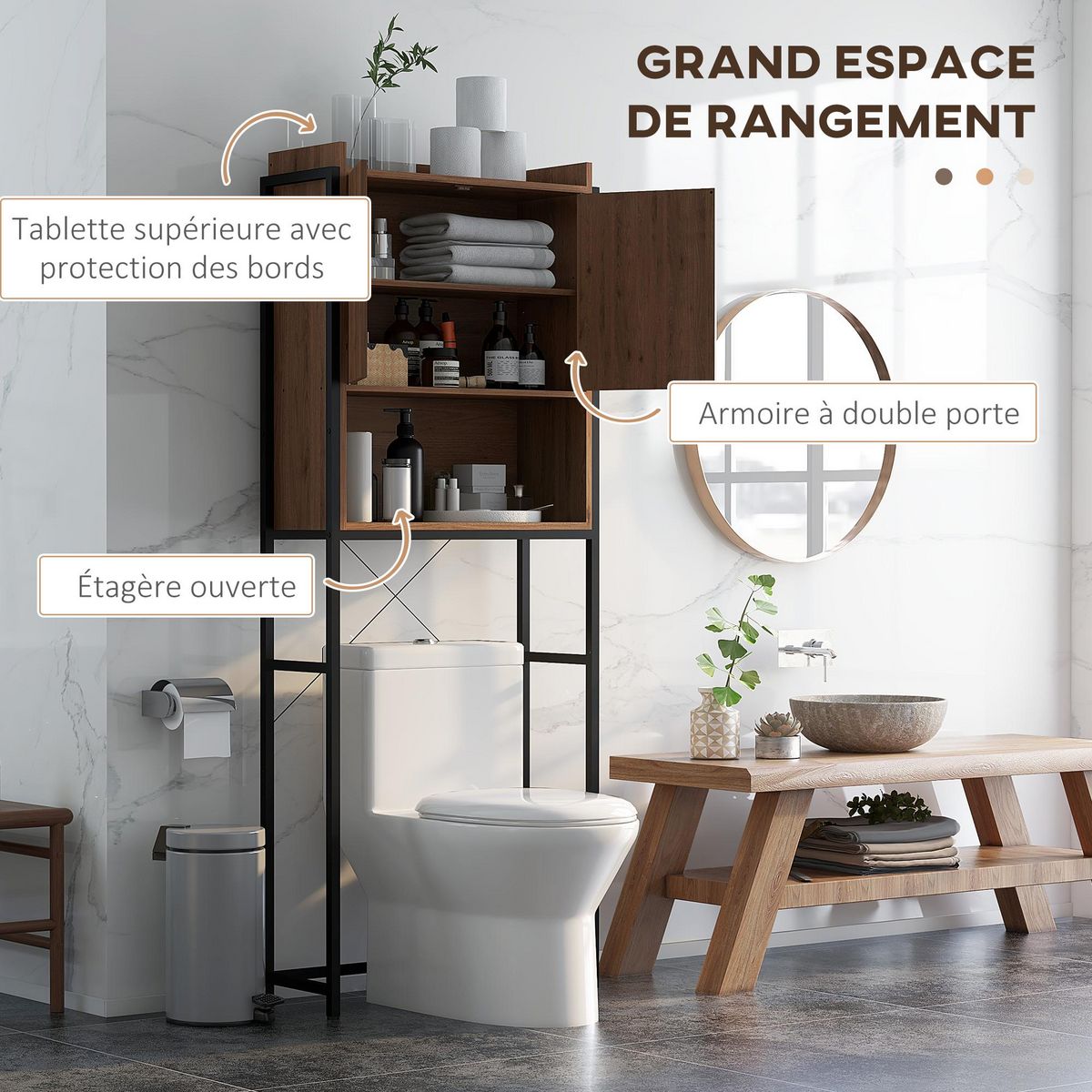 KLEANKIN Meuble WC meuble dessus toilettes style industriel 2 portes avec étagère niche acier noir aspect noyer