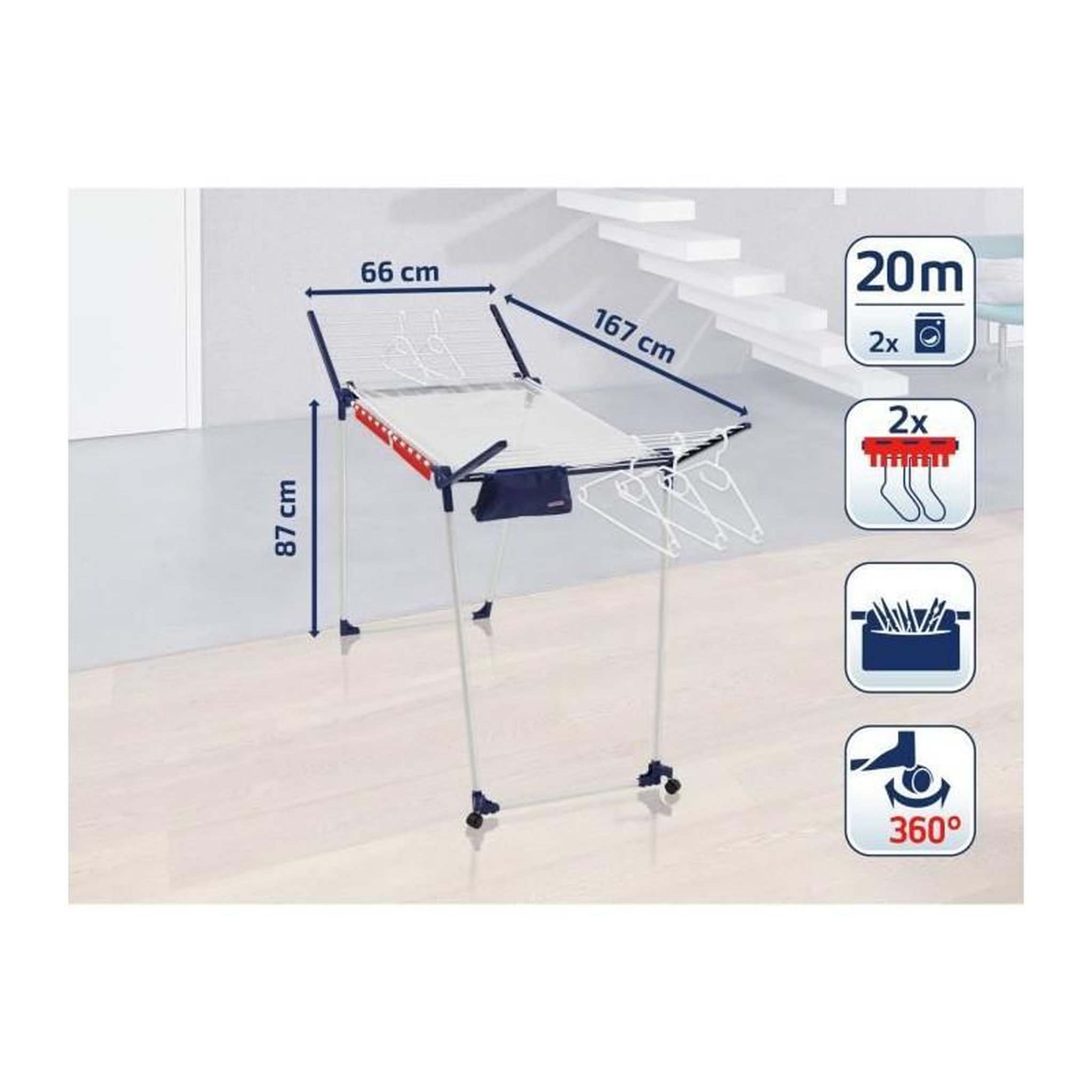 Voir la diapositive 5 : Leifheit Leifheit Séchoir sur pied Pegasus 200 Solid Deluxe Mobile 81517, séchoir a linge avec roulettes et multi accessoires, 20 metre