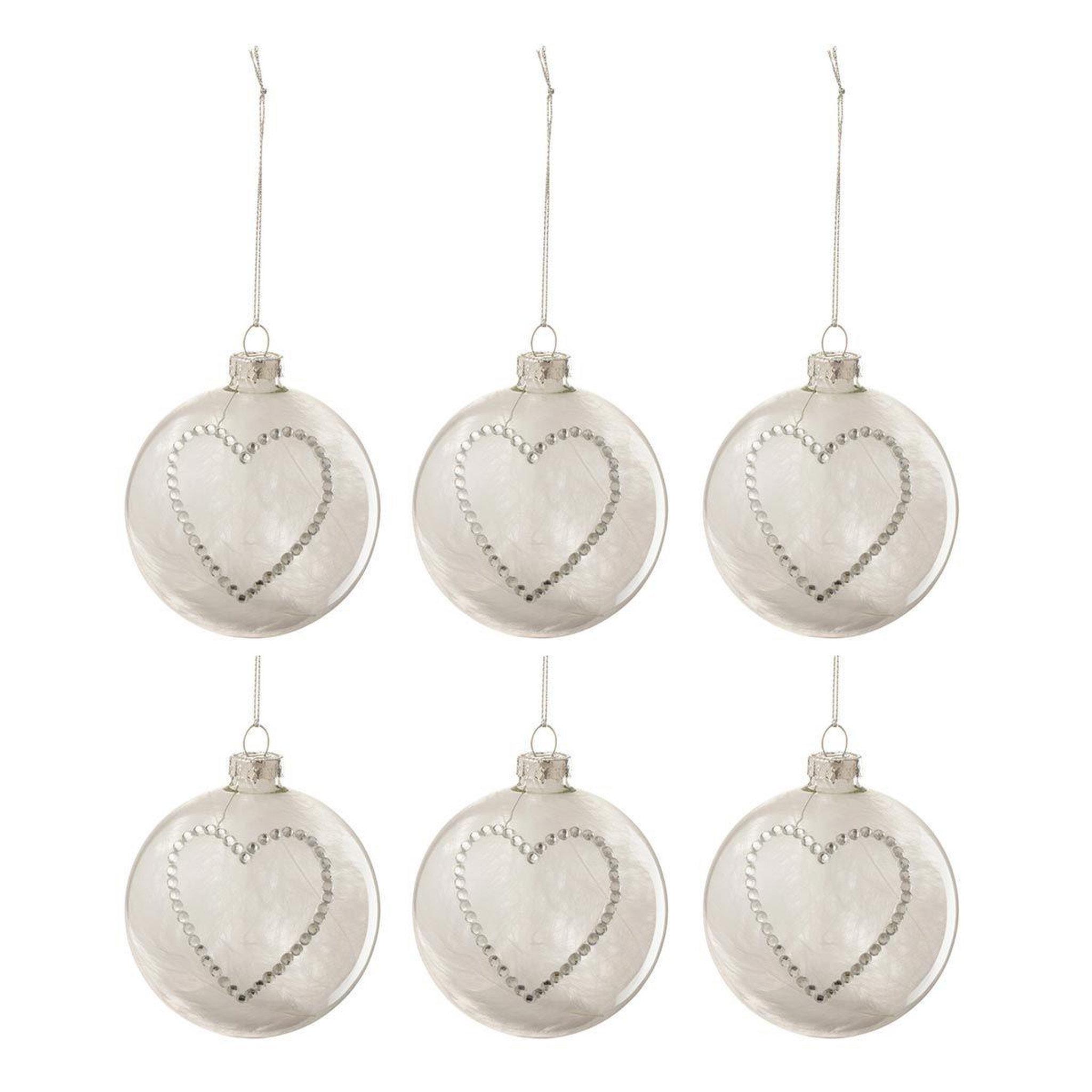 Voir la diapositive 1 : J-LINE Lot de 6 boules de noël  cœur strass  8cm blanc