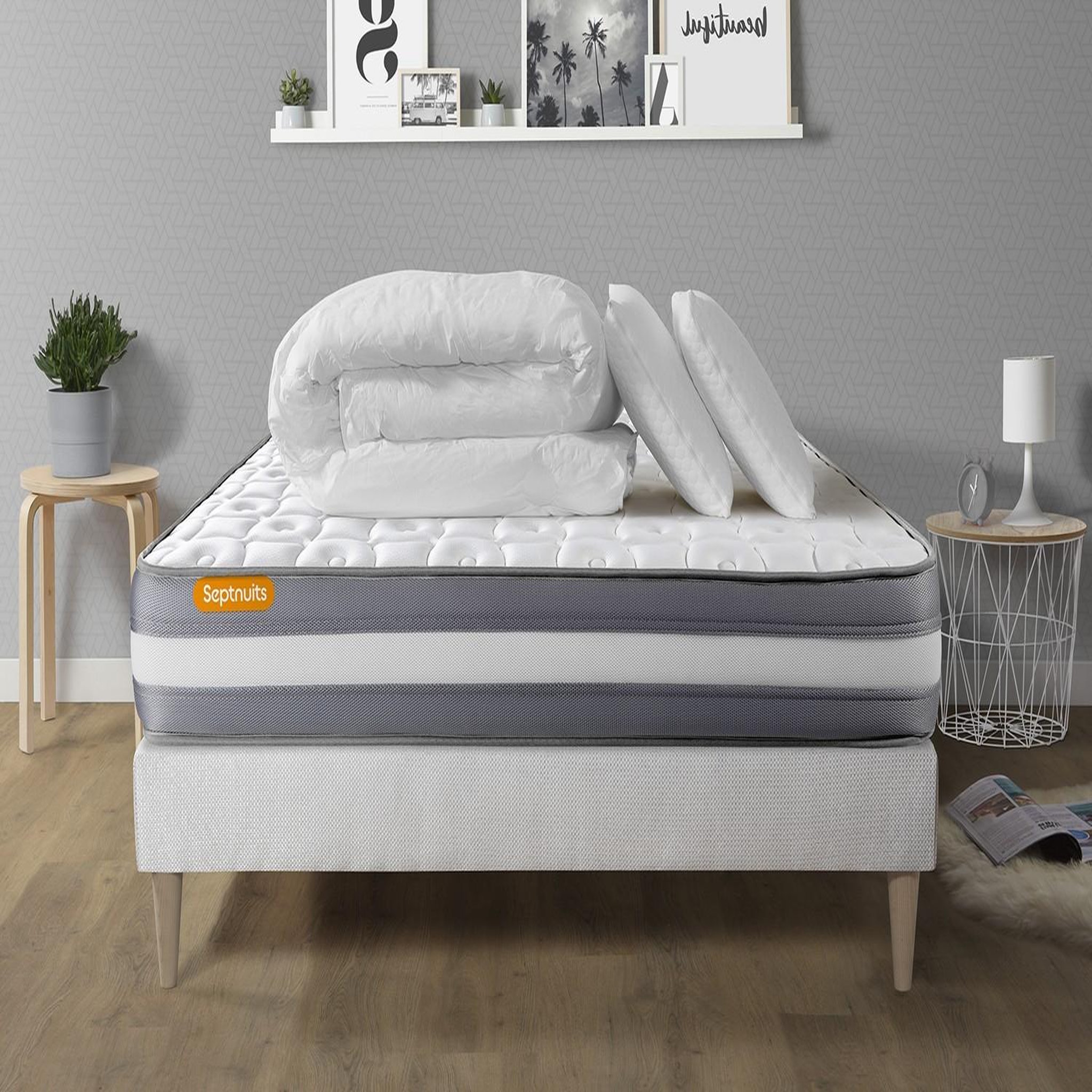 SEPTNUITS PACK matelas + sommier kit blanc Memo Plus Mémoire de forme + 2 oreillers + couette. Coloris disponibles : Blanc
