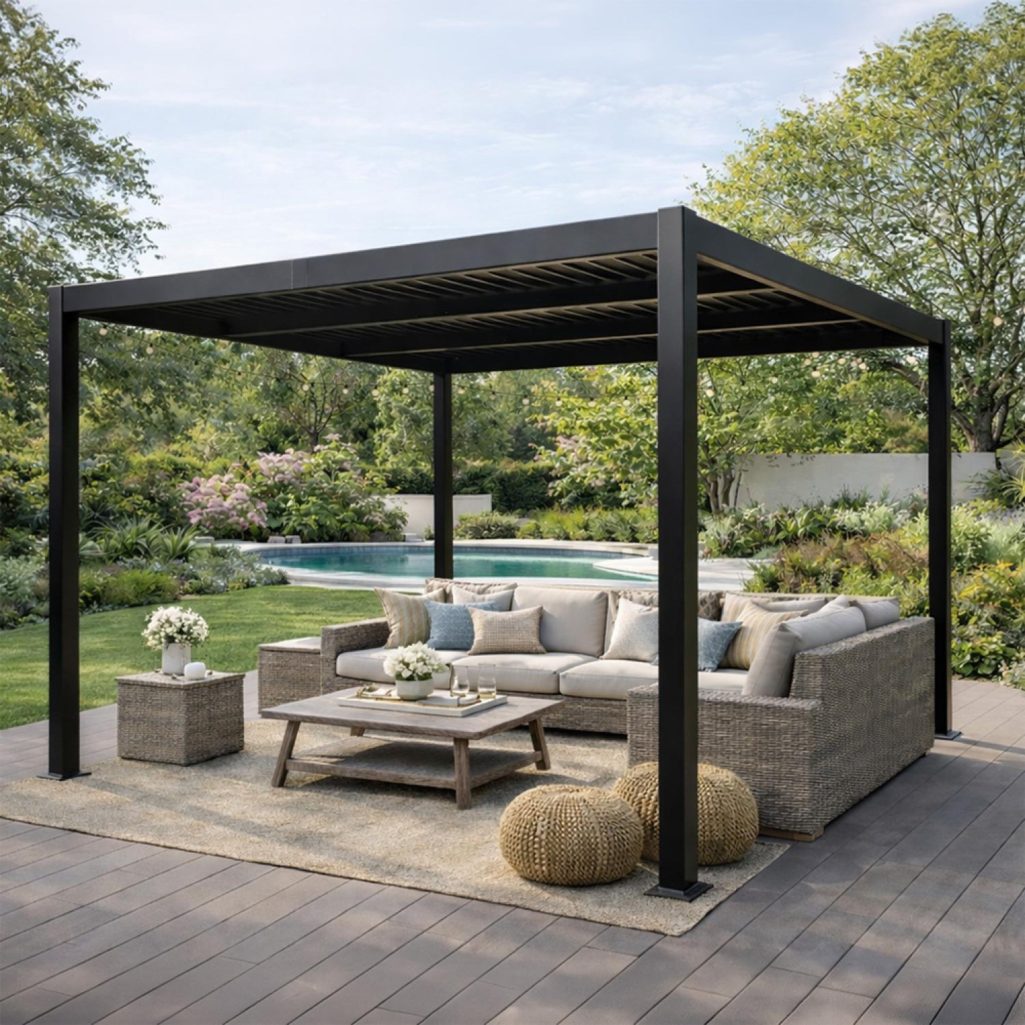 Voir la diapositive 2 : CONCEPT USINE Pergola bioclimatique aluminium et acier lames orientables 3x3m corfu