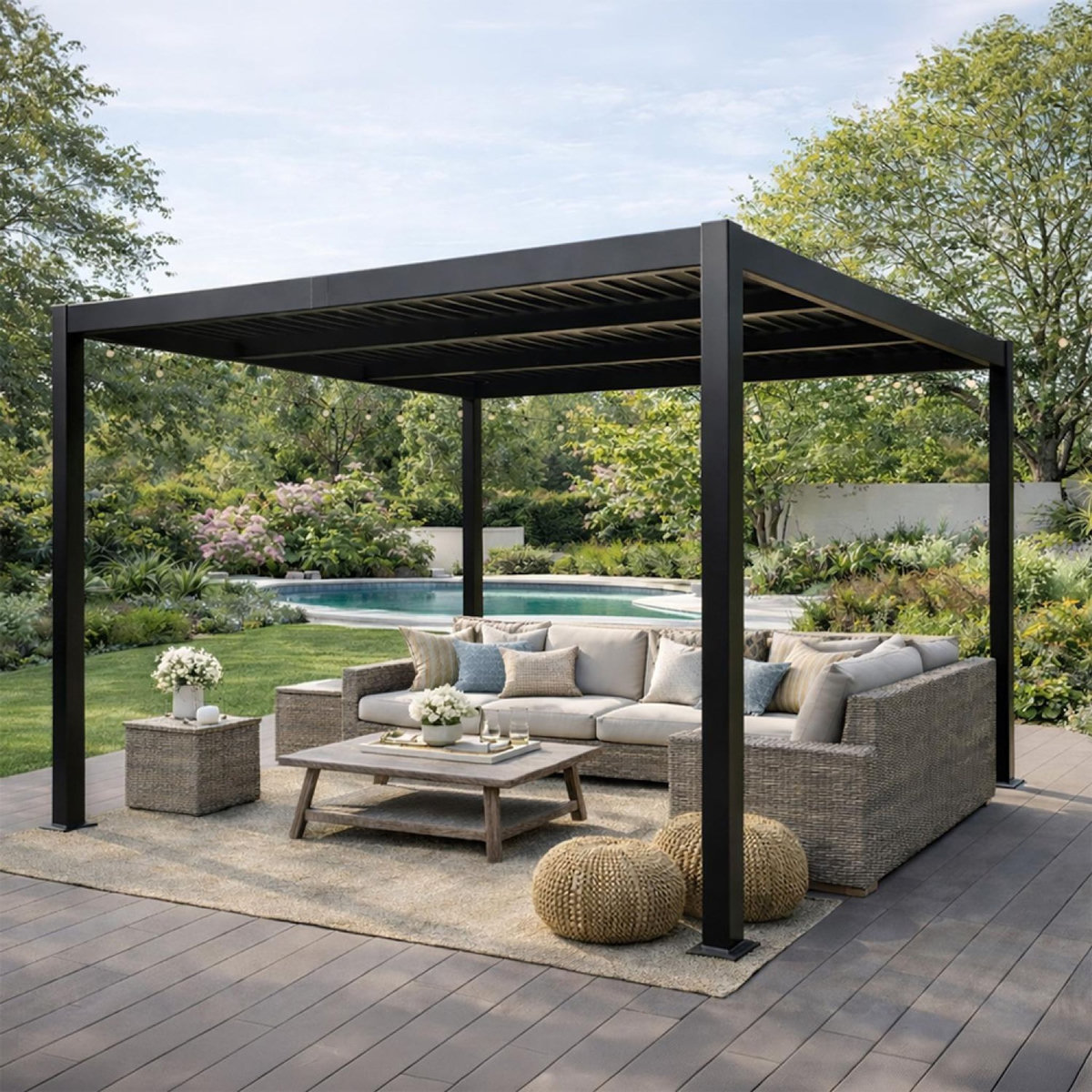 CONCEPT USINE Pergola bioclimatique aluminium et acier lames orientables 3x3m CORFU