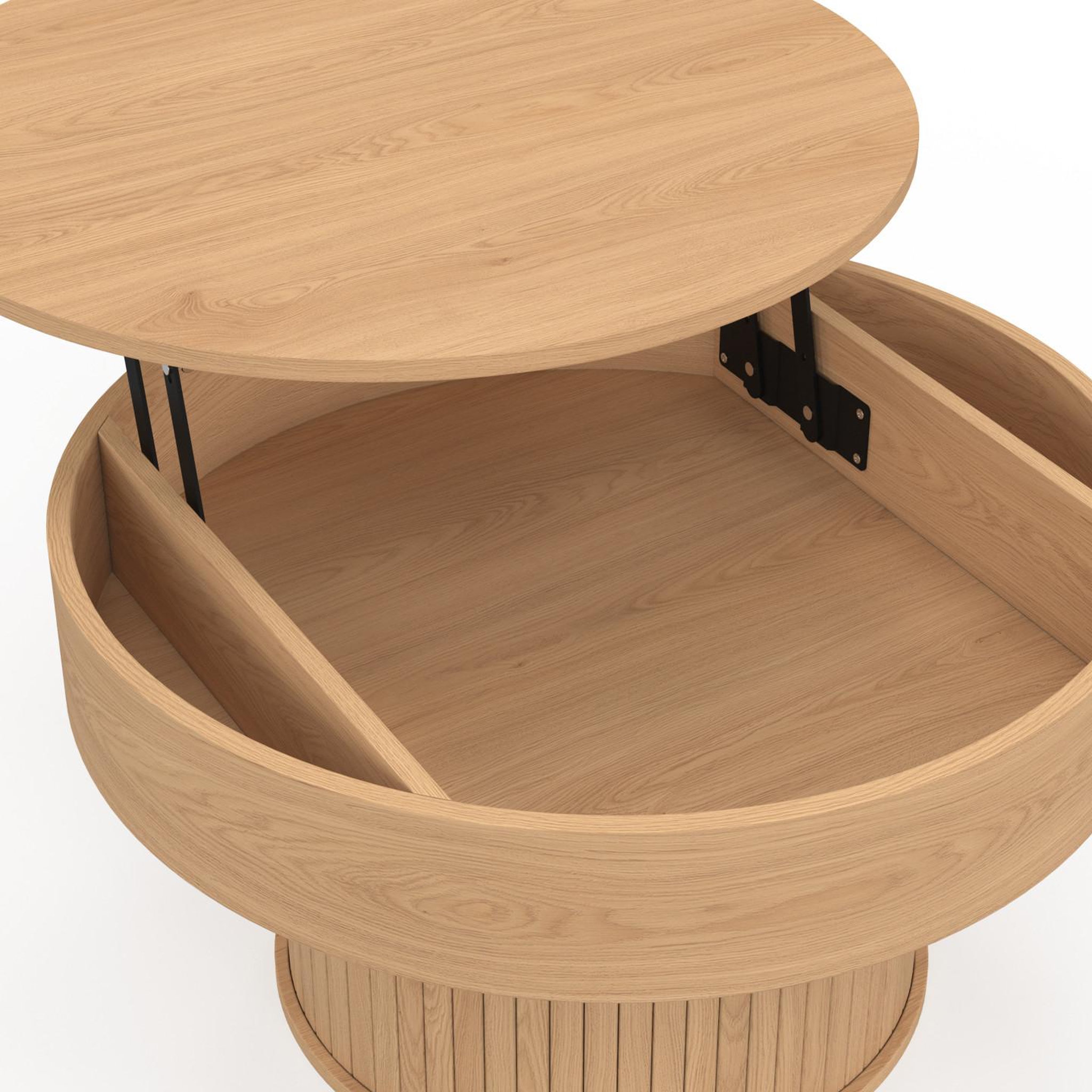 Voir la diapositive 6 : ID MARKET Table basse plateau relevable ronde juliette 70 cm lattes tasseau bois coloris chêne
