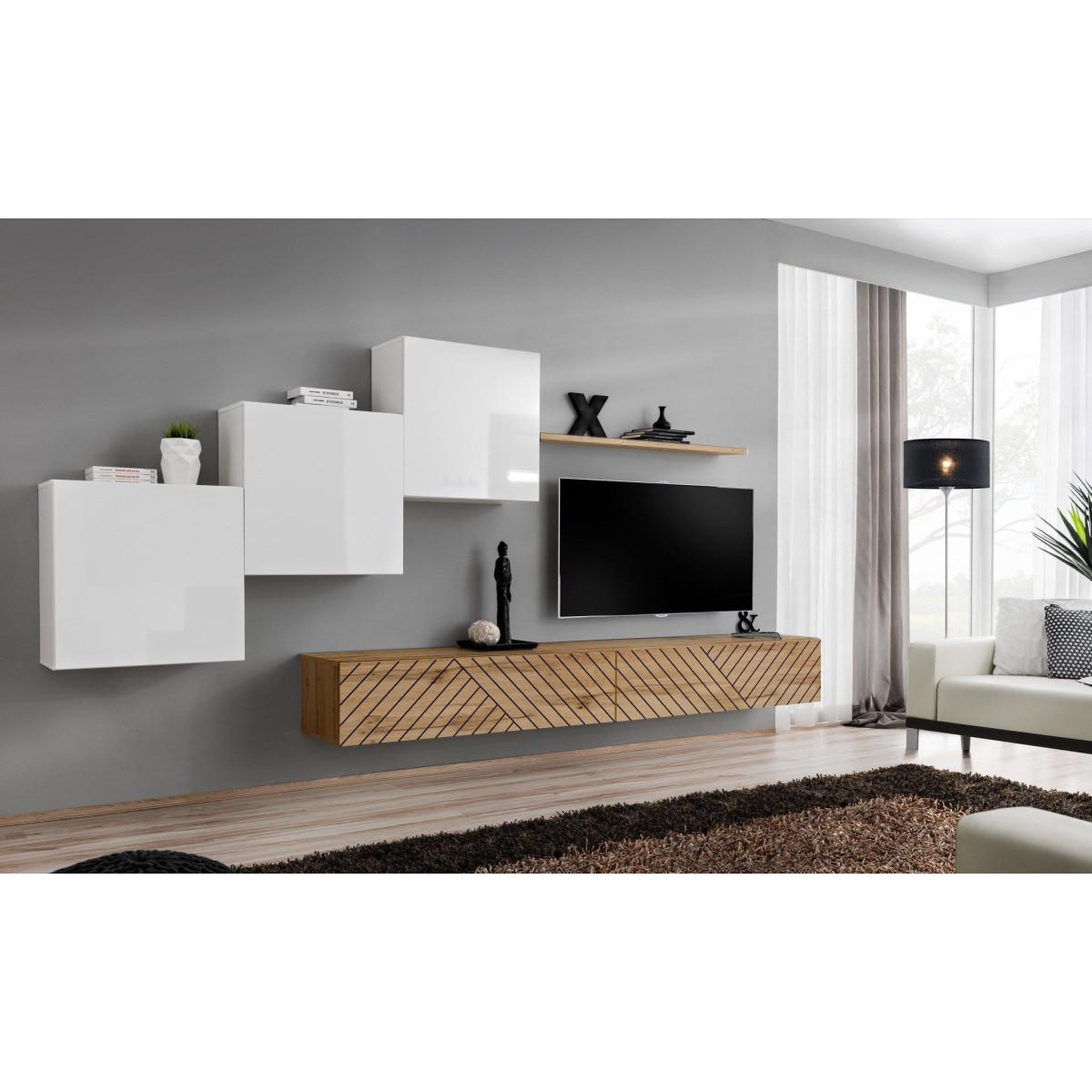 Voir la diapositive 2 : Paris Prix Ensemble meuble tv  switch lamel x  330cm naturel & blanc