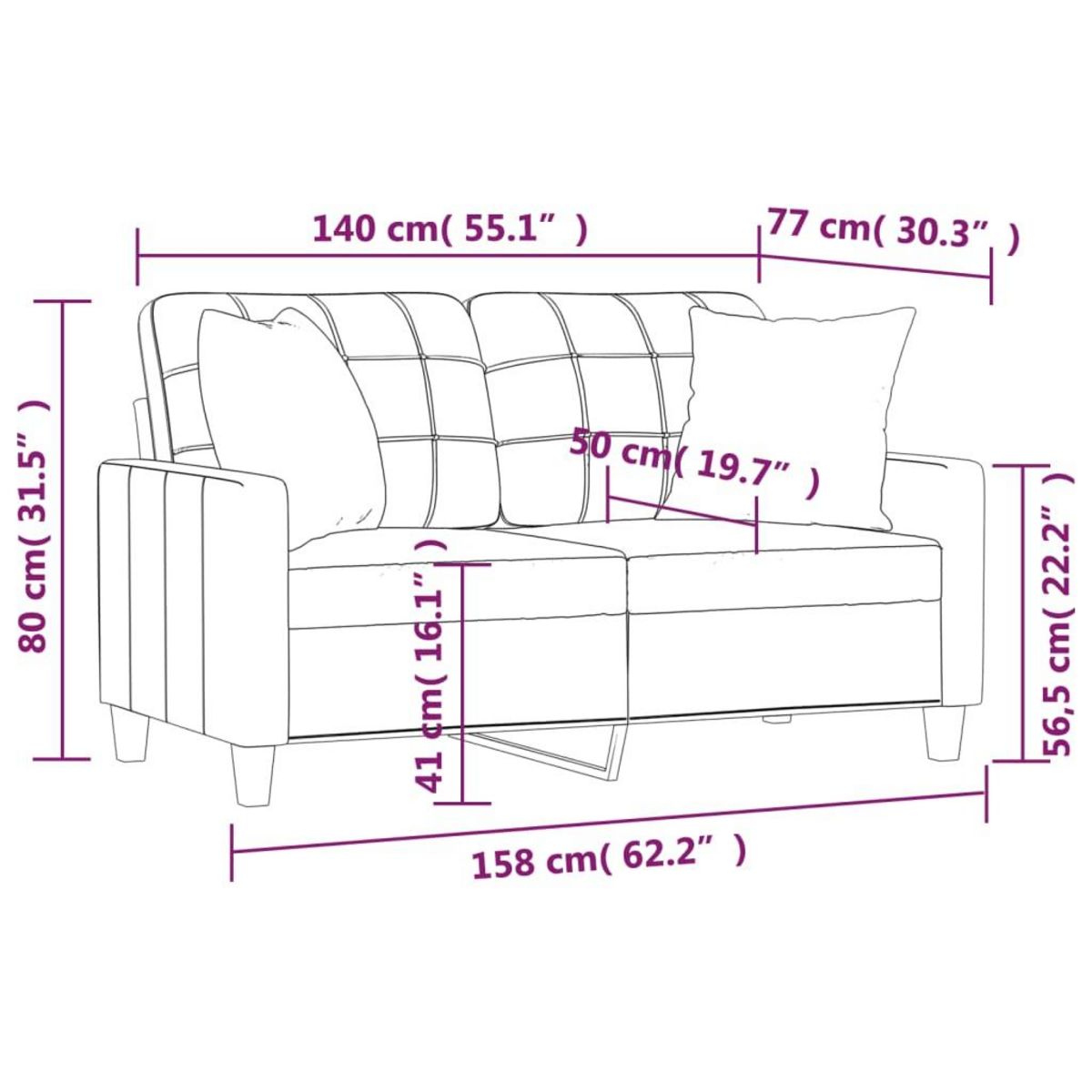 VIDAXL Canape 2 places avec oreillers creme 140 cm similicuir