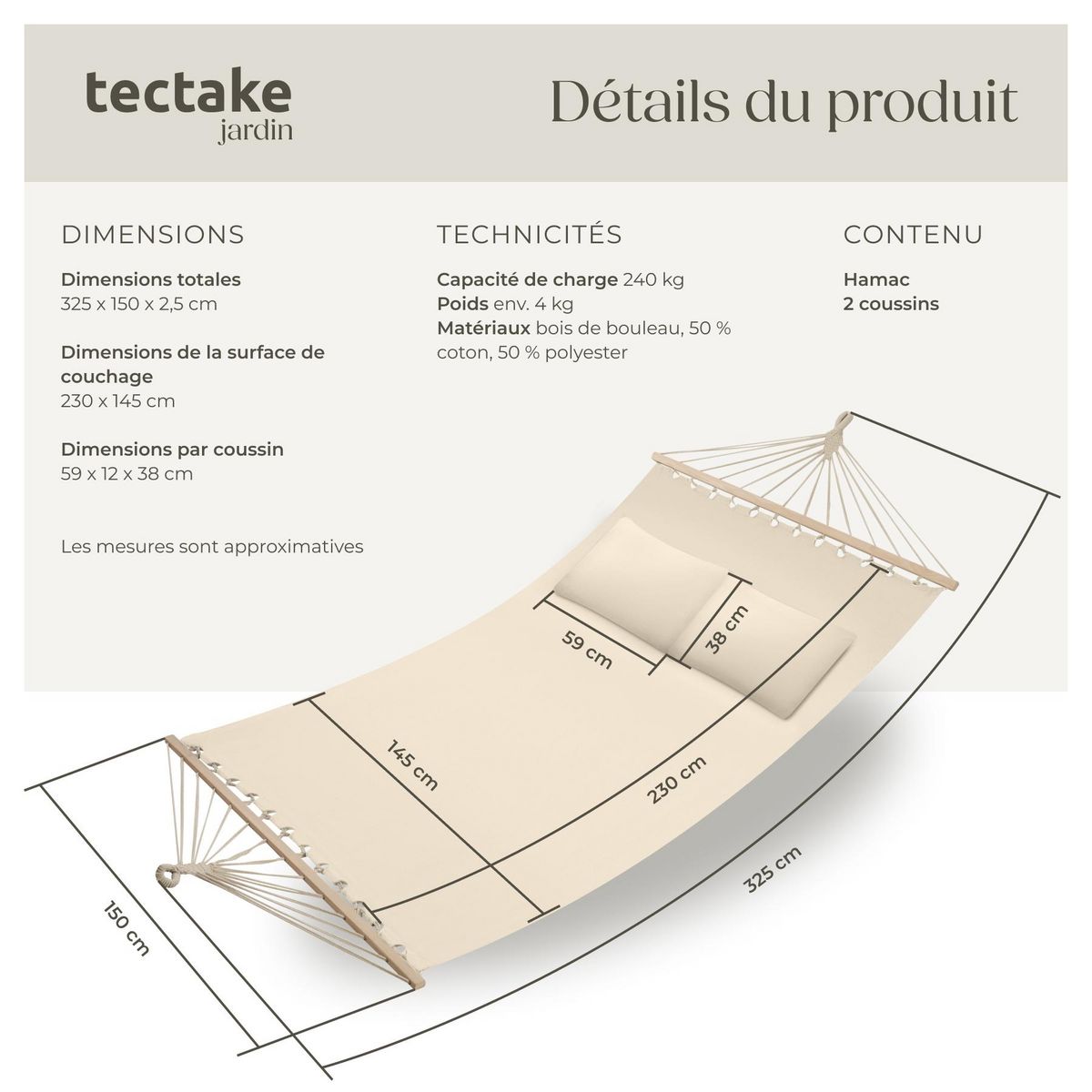 tectake Hamac avec barres d'expansion pour 2 personnes beige