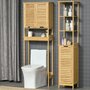KLEANKIN Meuble WC meuble dessus toilettes style cosy dim. 60L x 23l x 173H cm portes à lattes étagère bambou MDF aspect bois clair