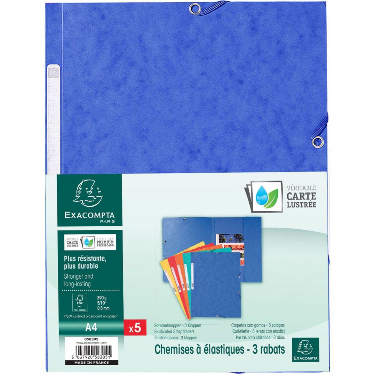 EXACOMPTA Lot de 5 chemises cartonnées à élastiques 24x32cm 3 rabats coloris assortis
