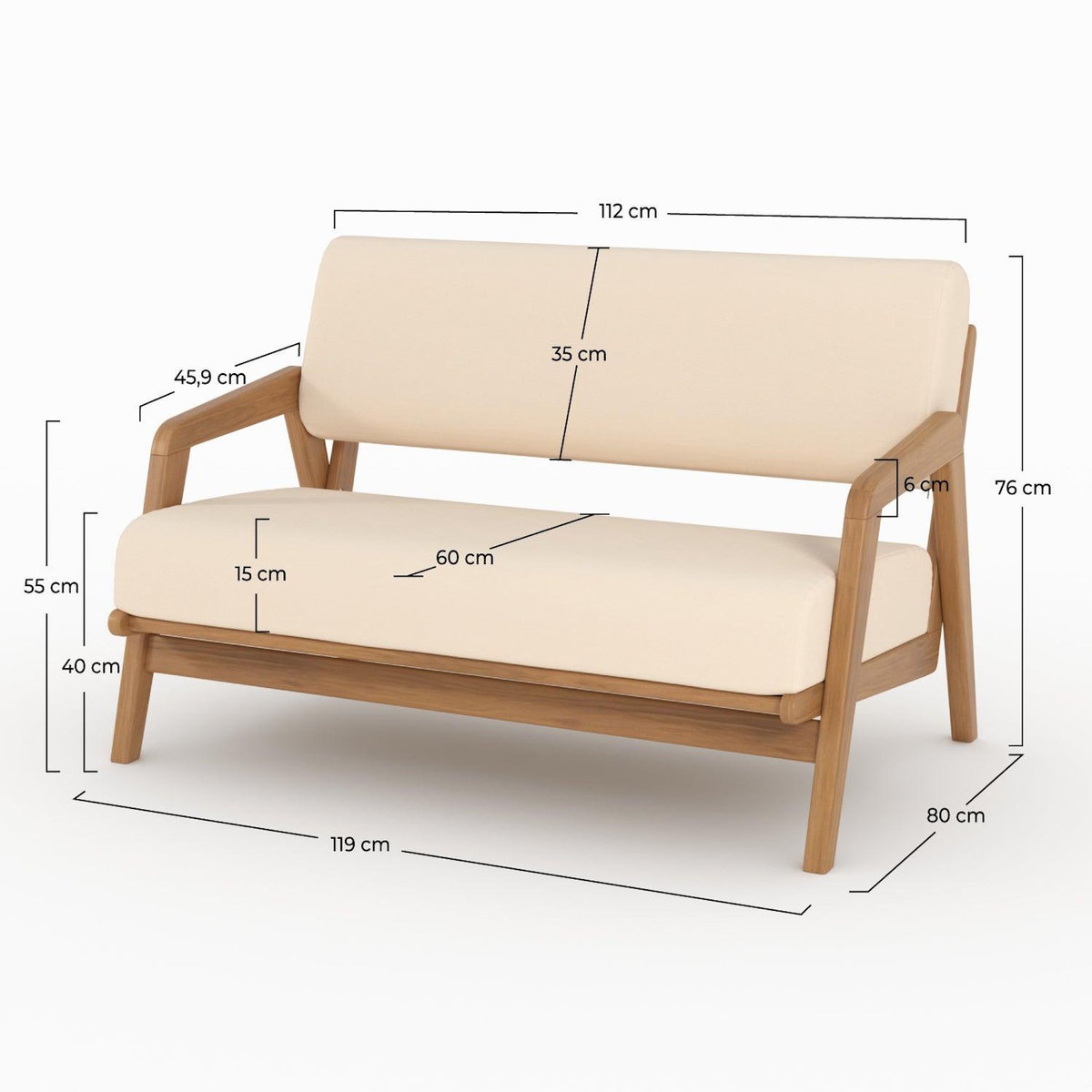 Rendez vous déco Canapé de jardin en bois d'acacia, tissu beige clair 2 places-Siargao