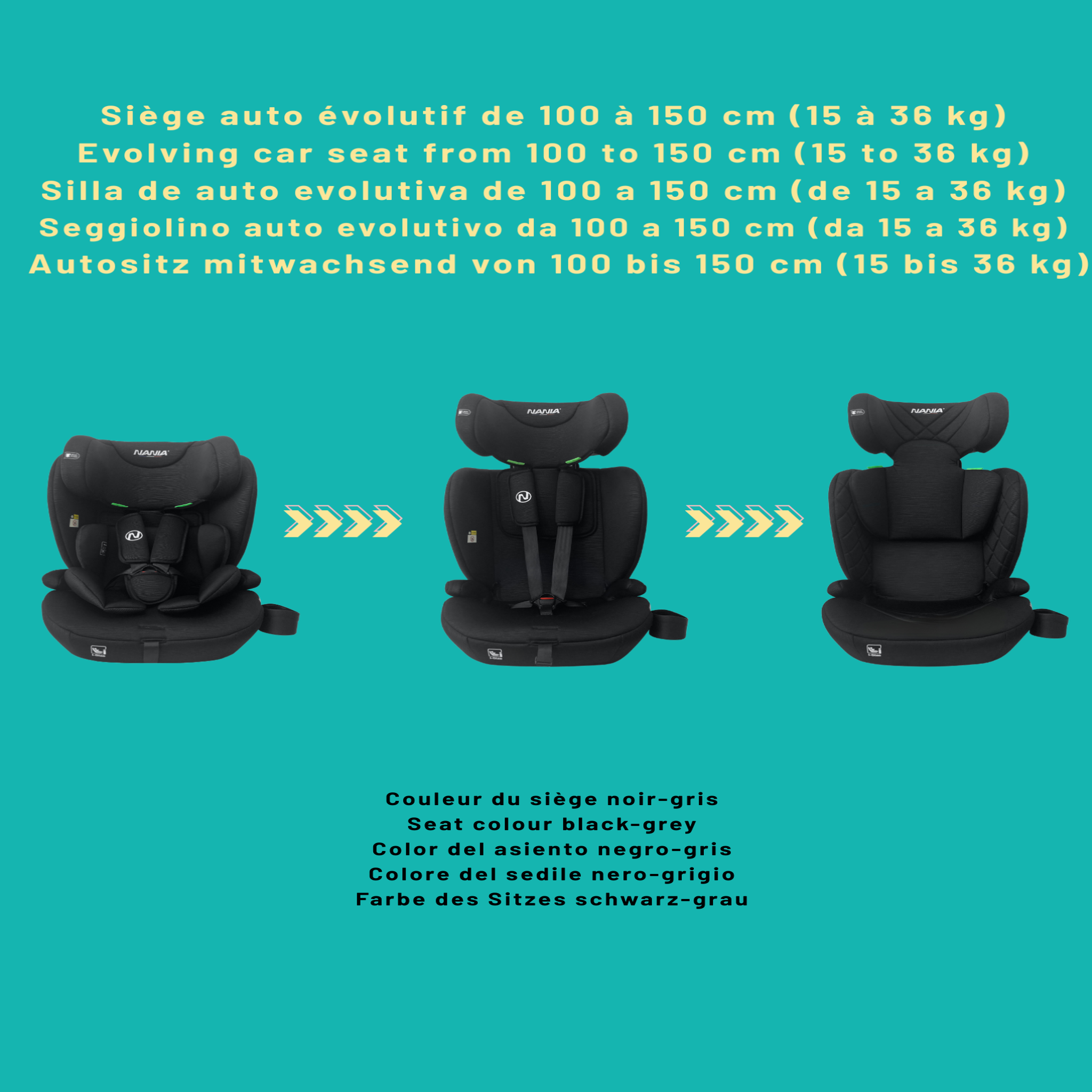 Voir la diapositive 4 : NANIA Nania Siège auto bébé ISOFIX Milano évolutif 76-150 cm, 15 mois à 12 ans, Têtière ajustable 12 niveaux de réglages, Protections latérales, Harnais de sécurité 5 points, Housse amovible et lavable - Porte gobelet
