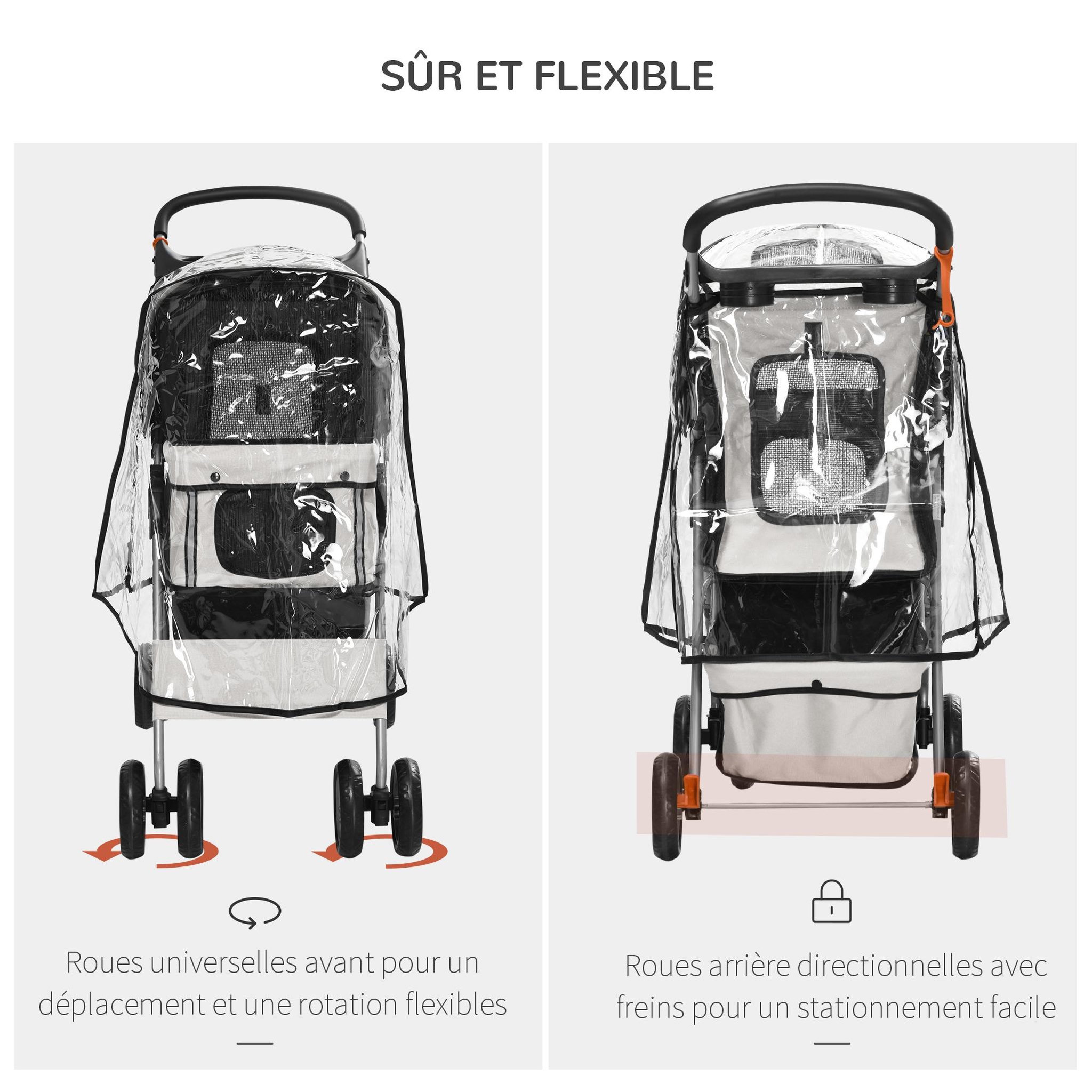 Voir la diapositive 5 : PAWHUT Poussette buggy pliable animaux chariot pliant chien chat porte-gobelet panier de rangement inclus roues avec frein tissu 600d oxford métal gris