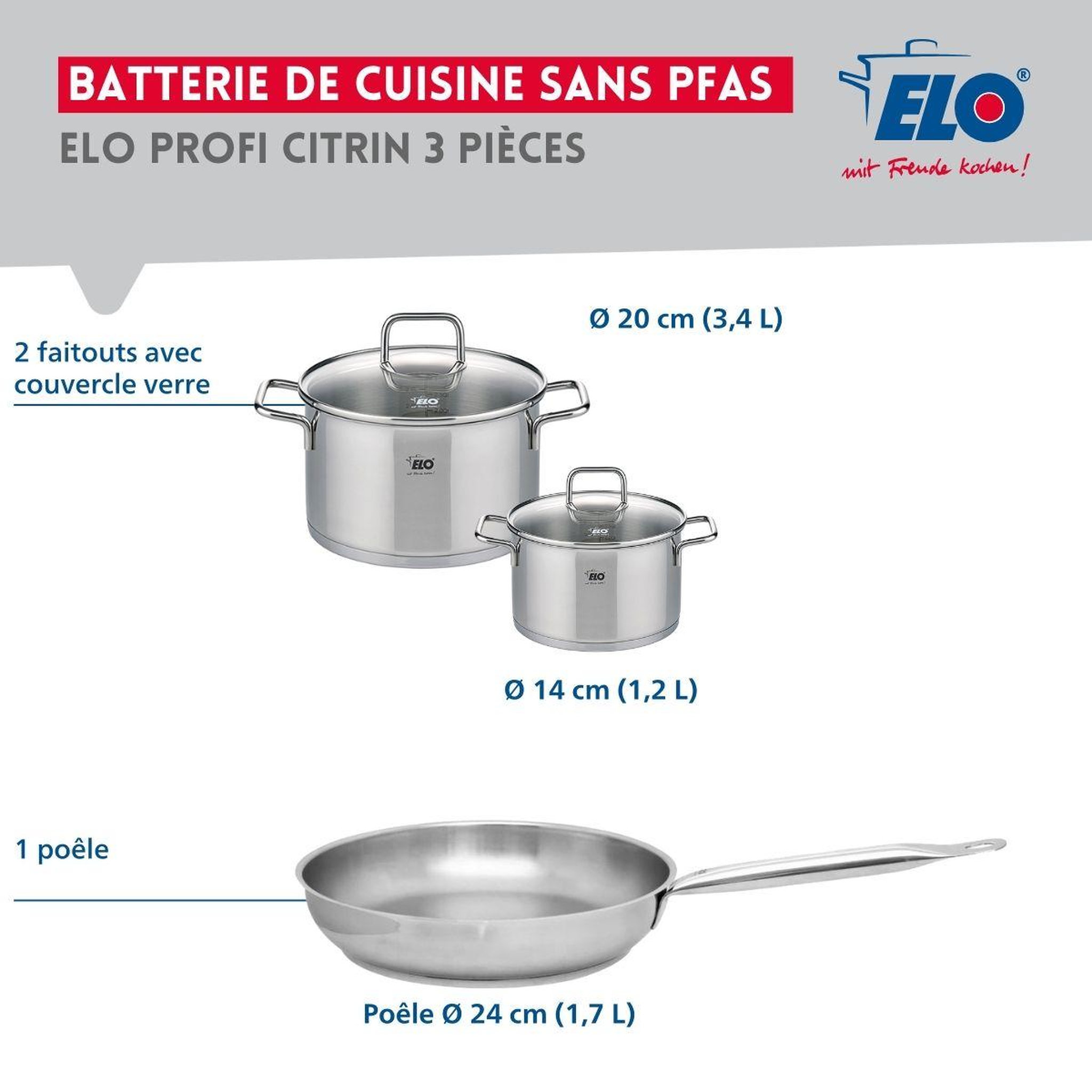 Voir la diapositive 2 : ELO Ensemble de 1 poêle de cuisson 24 cm et 2 faitouts 14 et 20 cm elo profi citrin